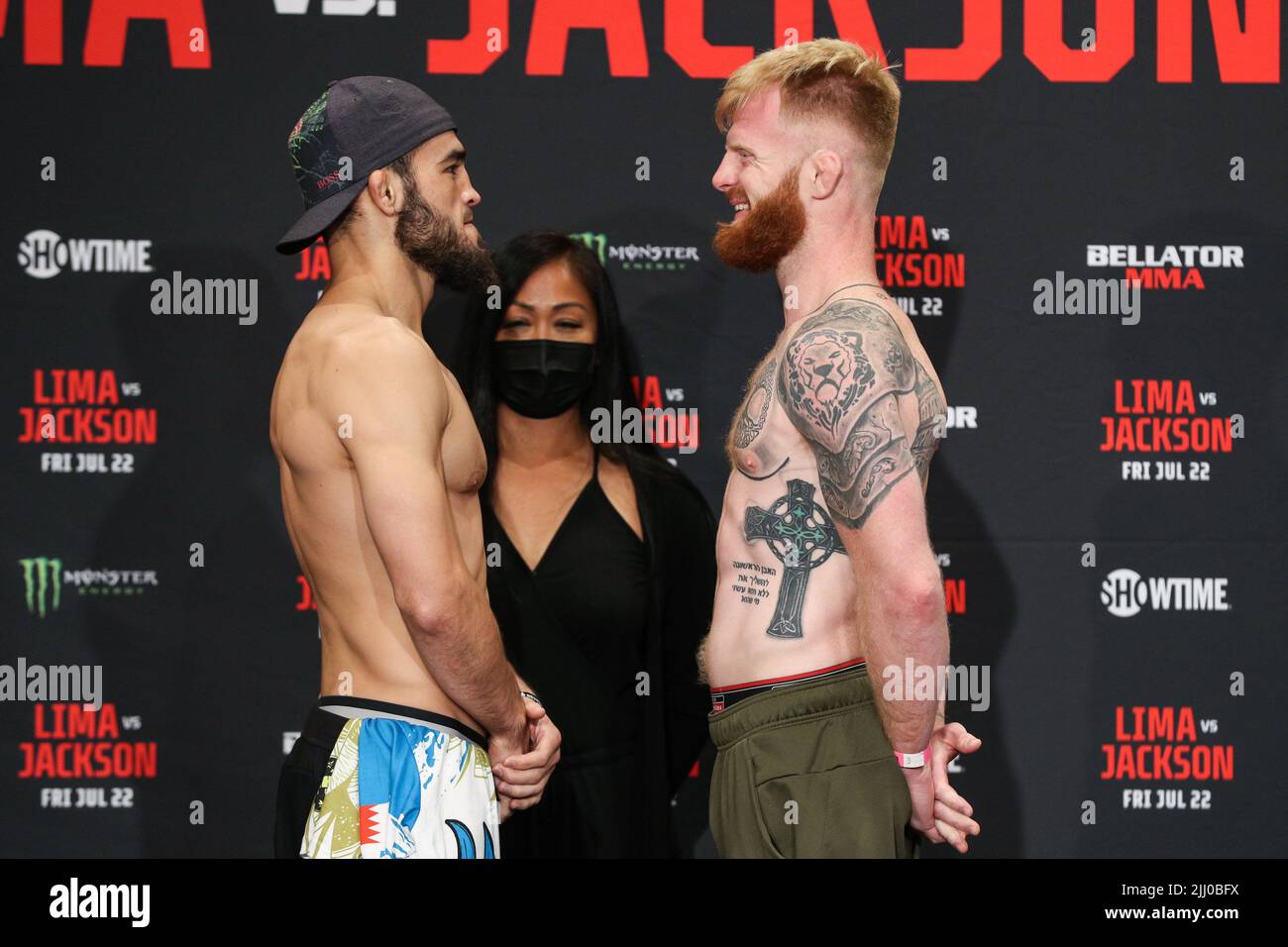 Kevin Boehm faces off against Roman Faraldo at the ceremonial weigh-ins for Bellator 283  at the Emerald Queen Casino in Fife, Washington Thursday Jul Stock Photo