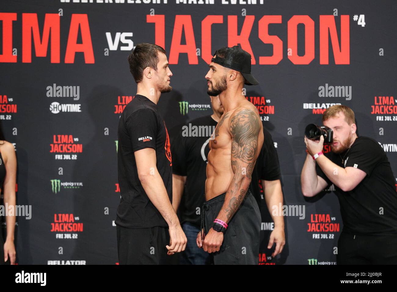 Chris Gonzalez faces off against Usman Nurmagomedov at the ceremonial weigh-ins for Bellator 283  at the Emerald Queen Casino in Fife, Washington Thur Stock Photo