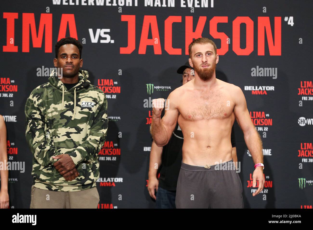 Mukhamed Berkhamov faces off against Lorenz Larkin at the ceremonial weigh-ins for Bellator 283  at the Emerald Queen Casino in Fife, Washington Thurs Stock Photo