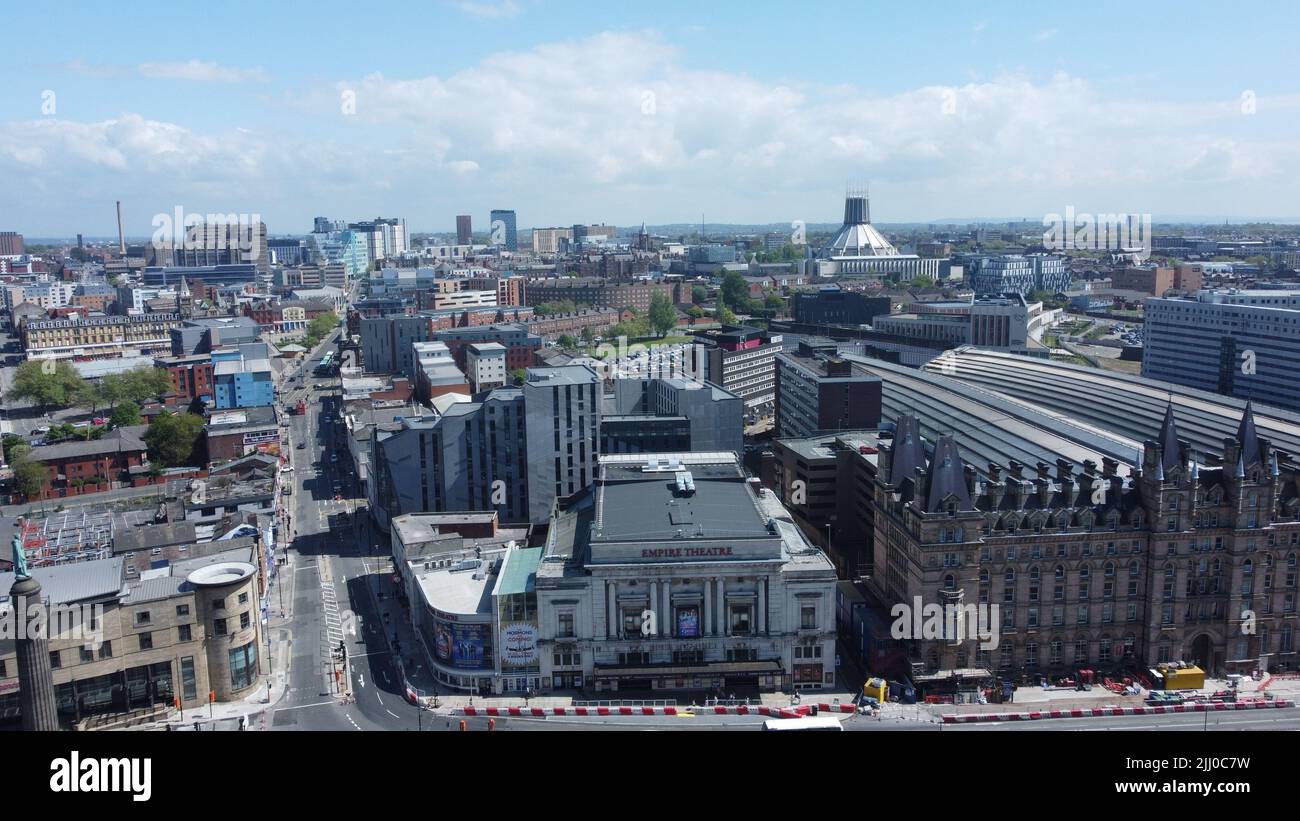 An aerial shot of Liverpool downtown showing the Empire theatre and