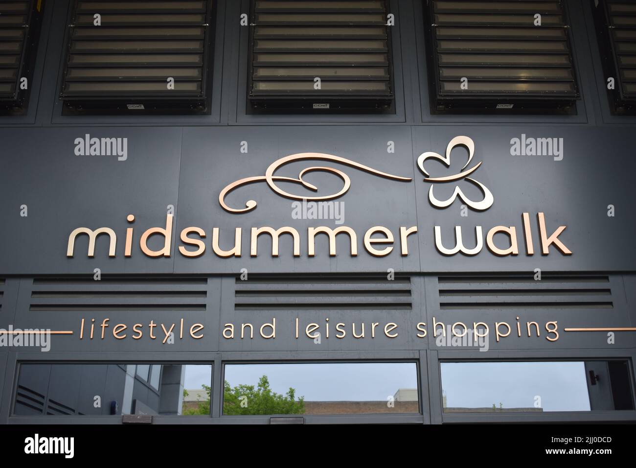 Sign for Midsummer Walk, Lifestyle and Leisure Shopping in Central Milton Keynes. Stock Photo