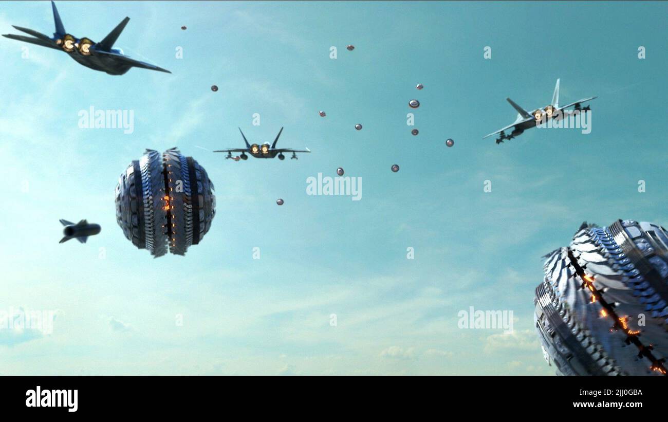 SCENE WITH AIRCRAFT, SPACE SHIPS, INDEPENDENCE DAYSASTER, 2013 Stock Photo