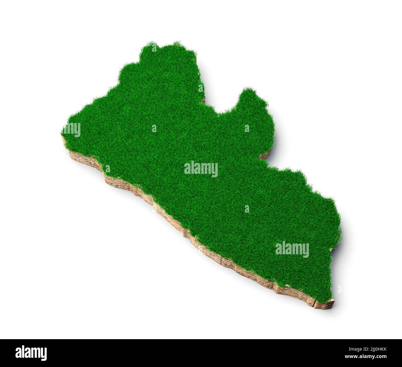 A 3D illustration of the Liberia map with green grass and rock ground ...