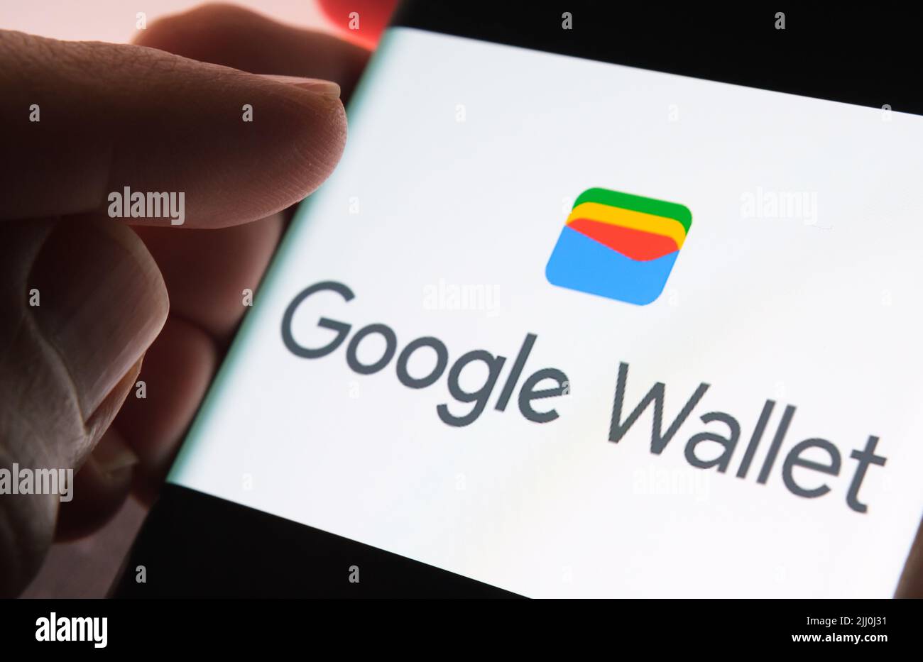 New Google Wallet logotype seen on the screen of smartphone. Google Pay rebranded to Google Wallet. Stafford, United Kingdom, July 21, 2022 Stock Photo