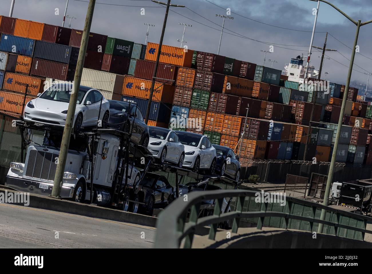 Shipping containers are seen at a terminal inside the Port of Oakland as independent truck driver continue protesting against California's new law known as AB5, in  Oakland, California, U.S., July 21, 2022. REUTERS/Carlos Barria Stock Photo
