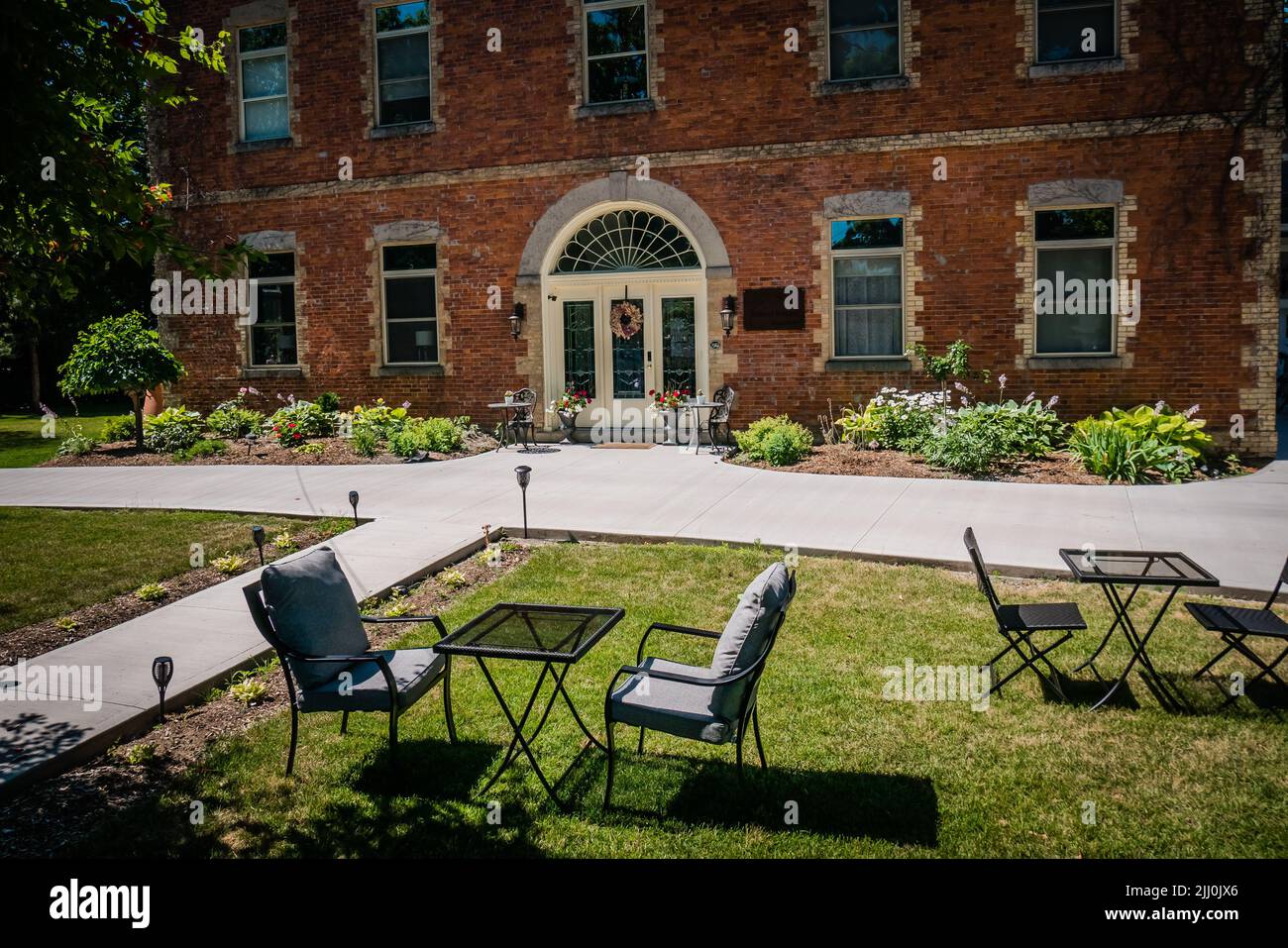 patio furnitures outside of a brickhouse, summer, outdoor,lifestyle