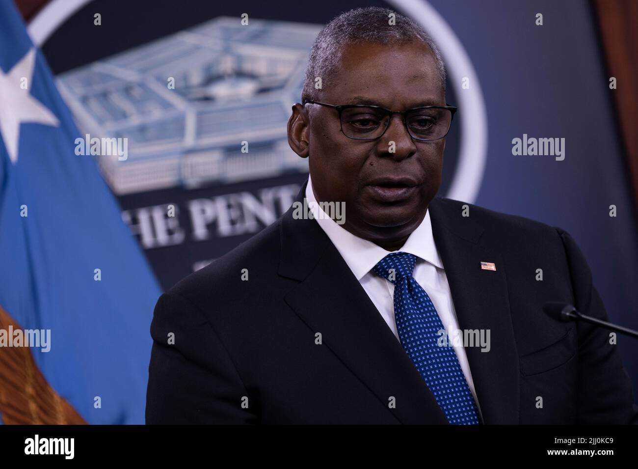 Arlington, United States Of America. 20th July, 2022. Arlington, United States of America. 20 July, 2022. U.S. Secretary of Defense Lloyd Austin, responds to a question during a press conference at the Pentagon, July 20, 2022 in Arlington, Virginia. Credit: Chad J. McNeeley/DOD/Alamy Live News Stock Photo