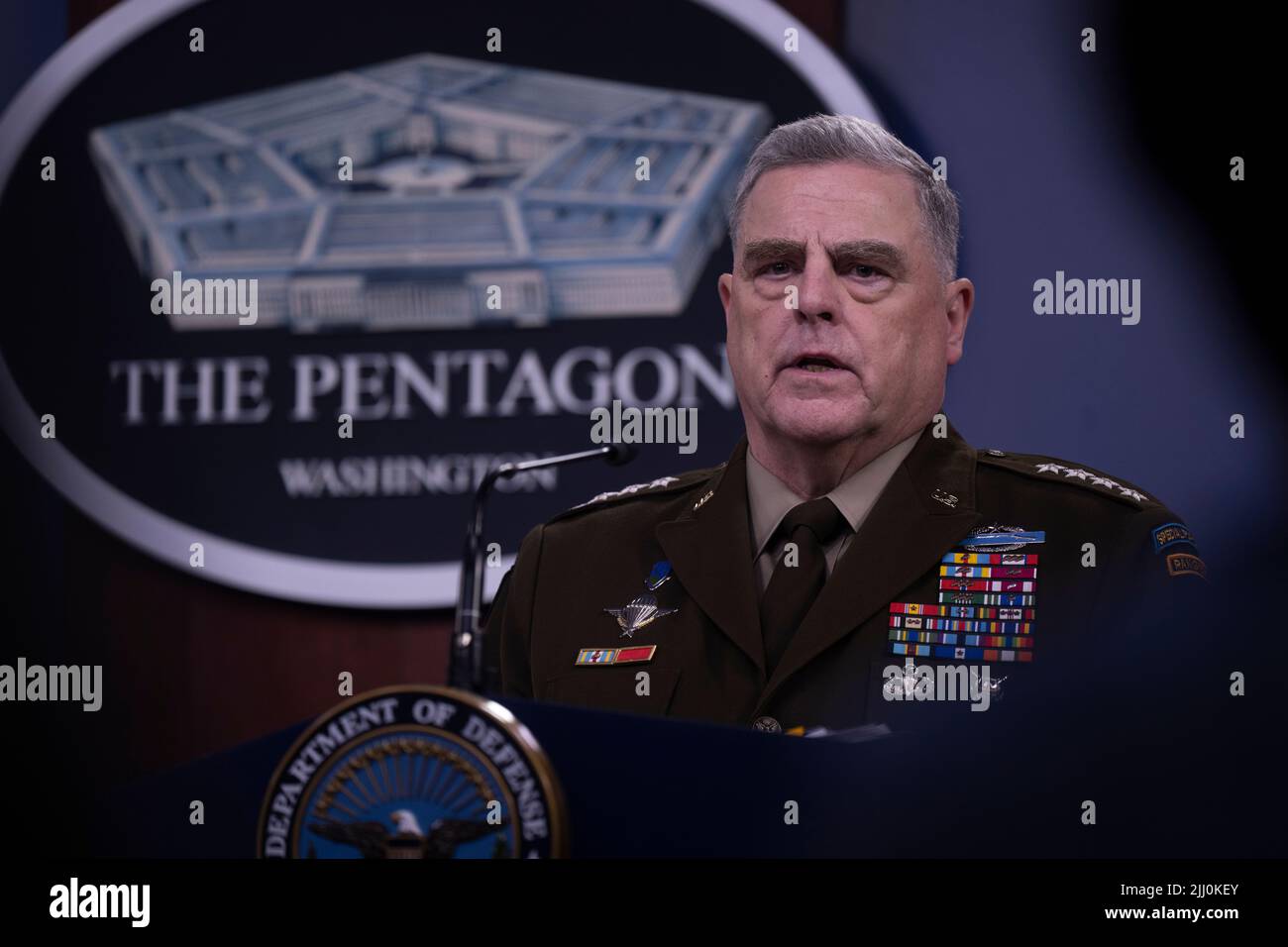 Arlington, United States Of America. 10th June, 2021. Arlington, United States of America. 10 June, 2021. U.S. Chairman of the Joint Chiefs of Staff, Gen. Mark A. Milley, responds to a question during a press conference at the Pentagon, July 20, 2022 in Arlington, Virginia. Credit: Chad J. McNeeley/DOD/Alamy Live News Stock Photo