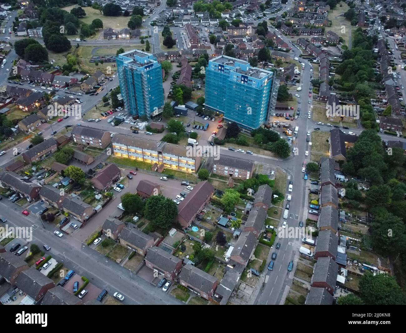 Beautiful Night Aerial View of Illuminated Roads and Houses over Luton