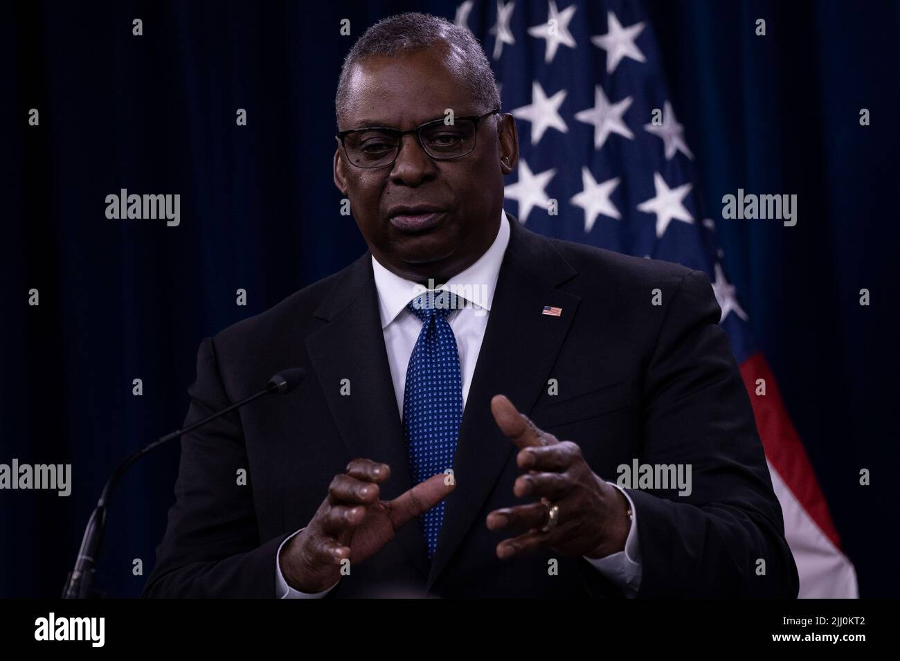 Arlington, United States Of America. 20th July, 2022. Arlington, United States of America. 20 July, 2022. U.S. Secretary of Defense Lloyd Austin, responds to a question during a press conference at the Pentagon, July 20, 2022 in Arlington, Virginia. Credit: Chad J. McNeeley/DOD/Alamy Live News Stock Photo