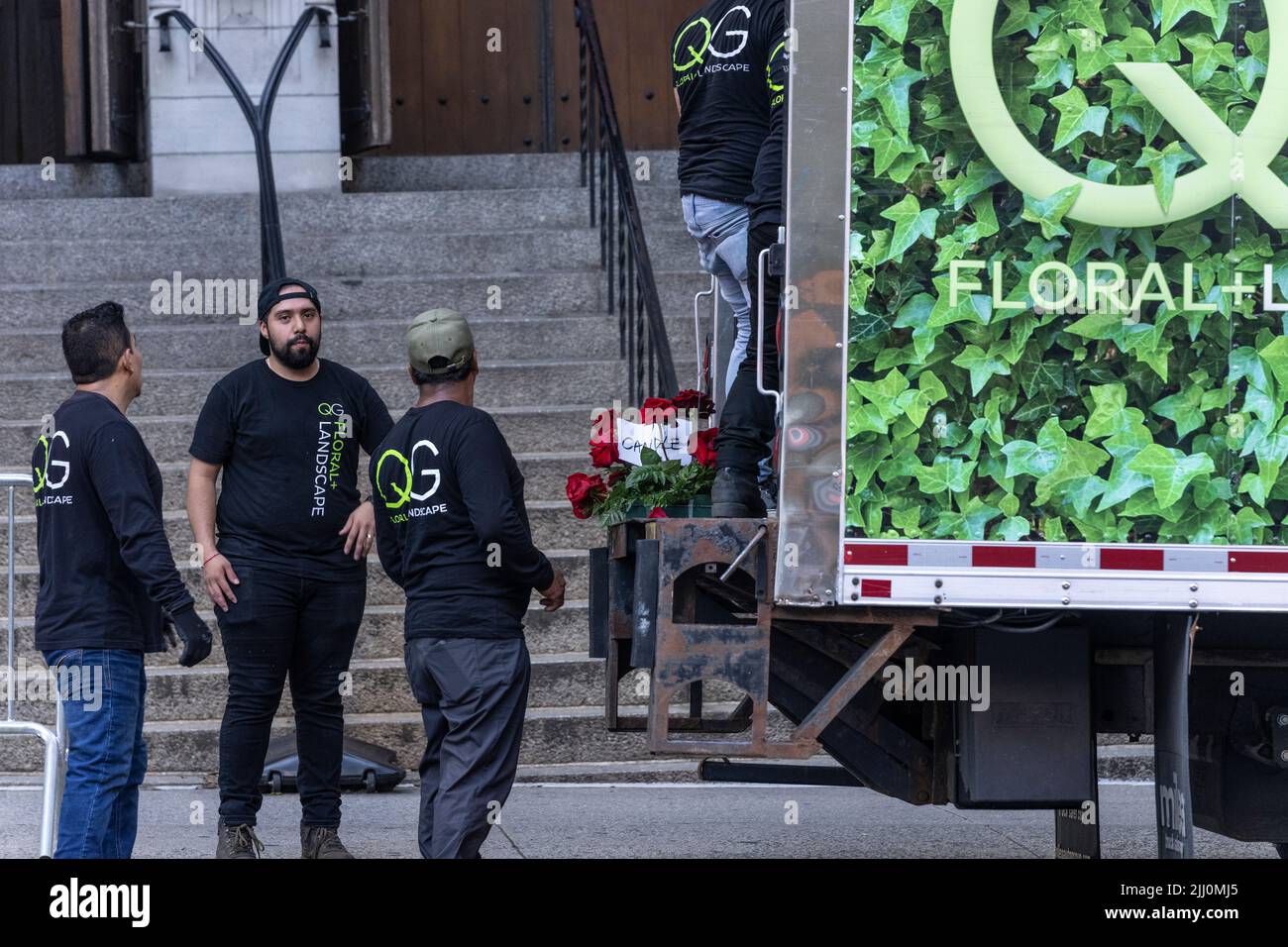 New York, NY July 20, 2022 Workers deliver flowers for funeral of