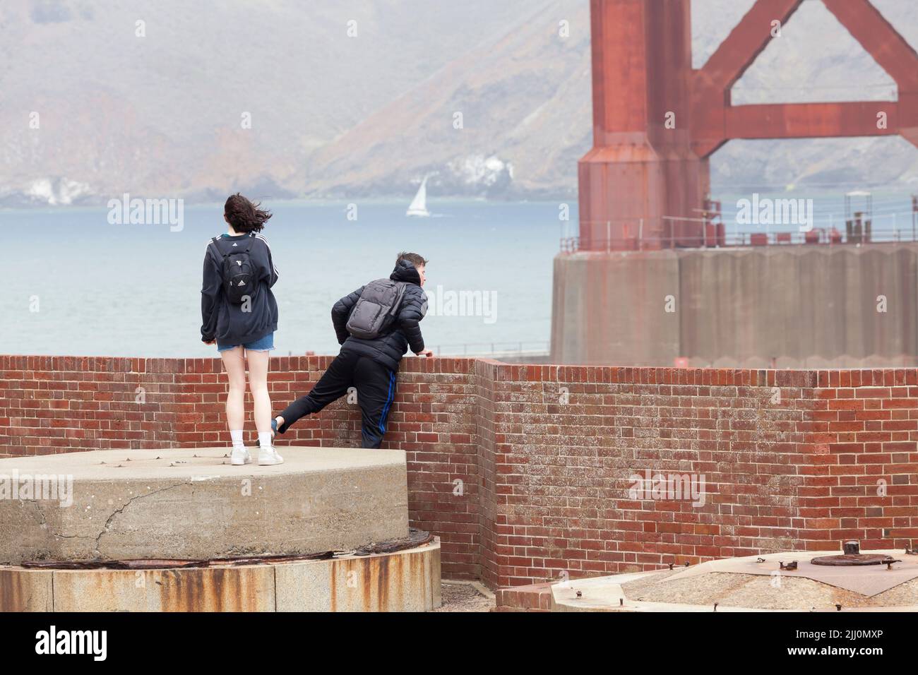 Visitors standing on the roof of Fort Point, San Francisco, California, USA Stock Photo