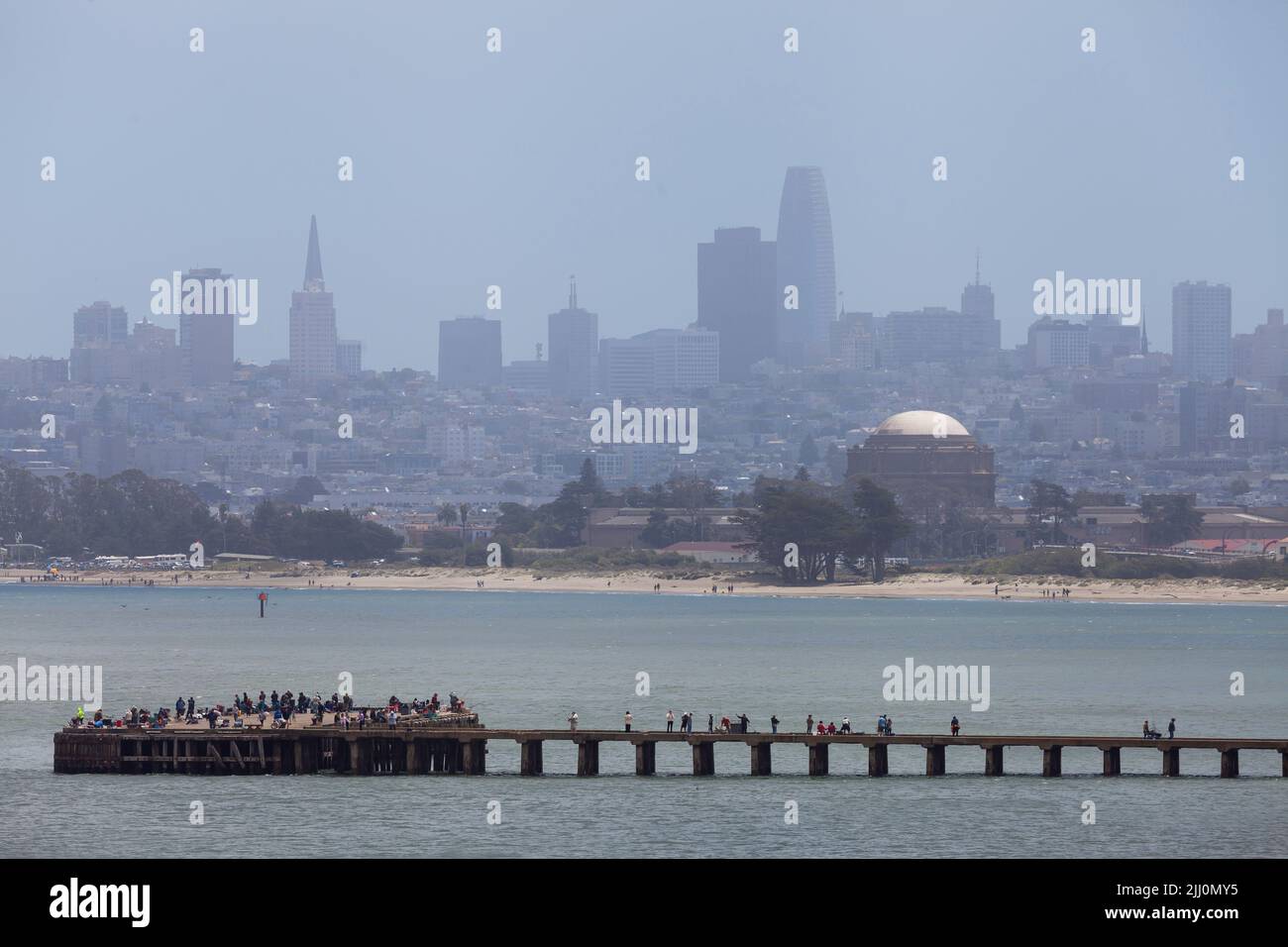 View of San Francisco skyline and Torpedo Wharf pier from Fort Point, San Francisco, California, USA Stock Photo