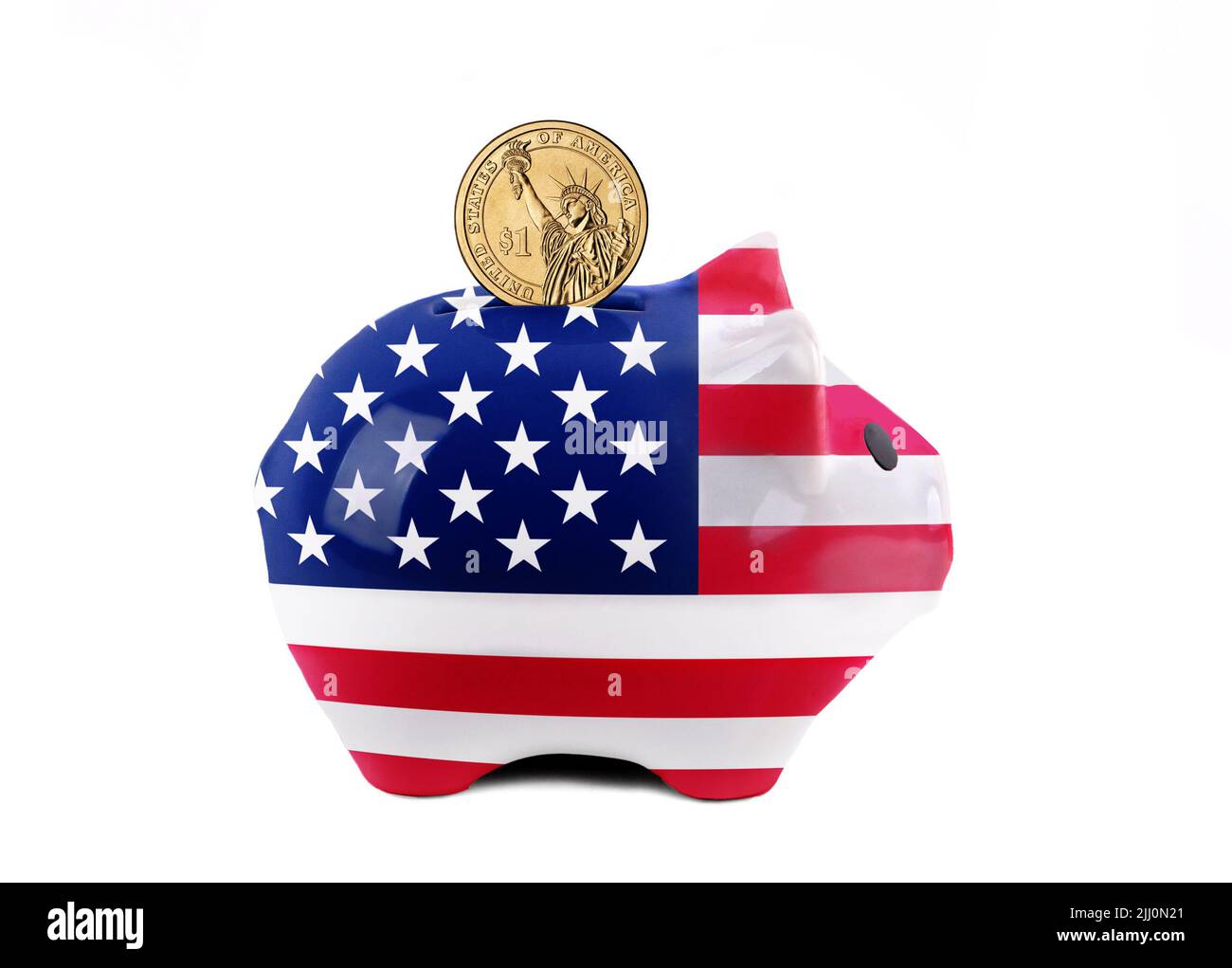 United States inflation concept with piggy bank painted in US flag with dollar coin deposit. Concept of savings due to rising interest rates and high Stock Photo