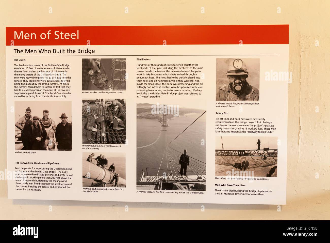 Information on men who built the Golden Gate bridge displayed inside Fort Point, San Francisco, California, USA Stock Photo