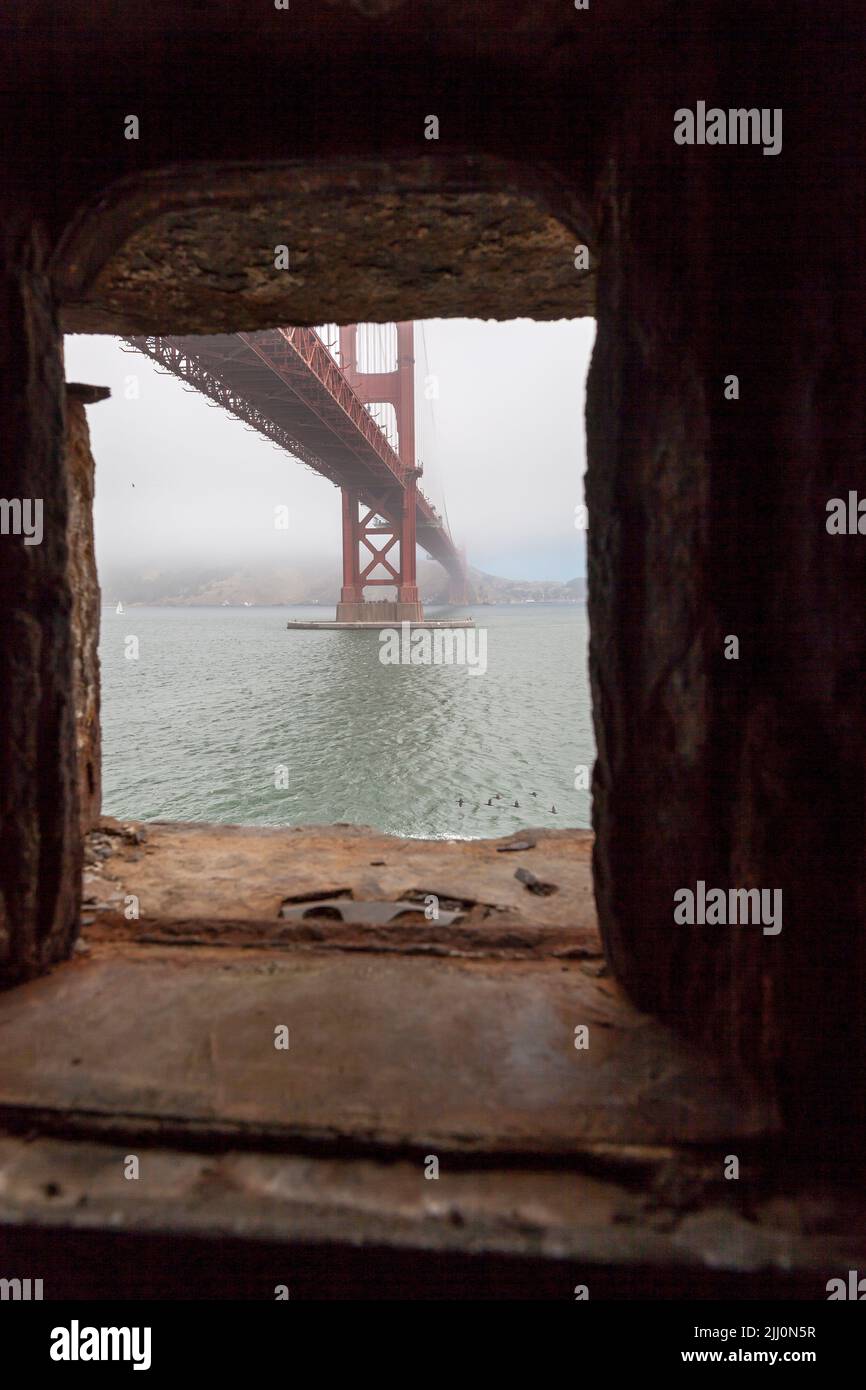View of Golden Gate Bridge from inside the Fort Point masonry, San Francisco, California, USA Stock Photo
