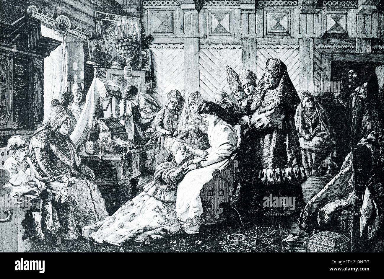 The 1906 caption reads: “EUDOXIA PREPARING FOR HER WEDDING TO PETER.—Eudoxia Fedorovna was the Russian- princess whom Peter the Great married. He was at the time still under the regency of his sister Sophia, who disapproved the match. So the wedding was hurried forward with dispatch and secrecy. It was the beginning of Peter's struggle for independence.” Tsarina Eudoxia Fyodorovna Lopukhina was a Russian Tsaritsa as the first wife of Peter I of Russia, and the last ethnic Russian and non-foreign wife of a Russian monarch. She was the mother of Tsarevich Alexei Petrovich and the paternal grandm Stock Photo