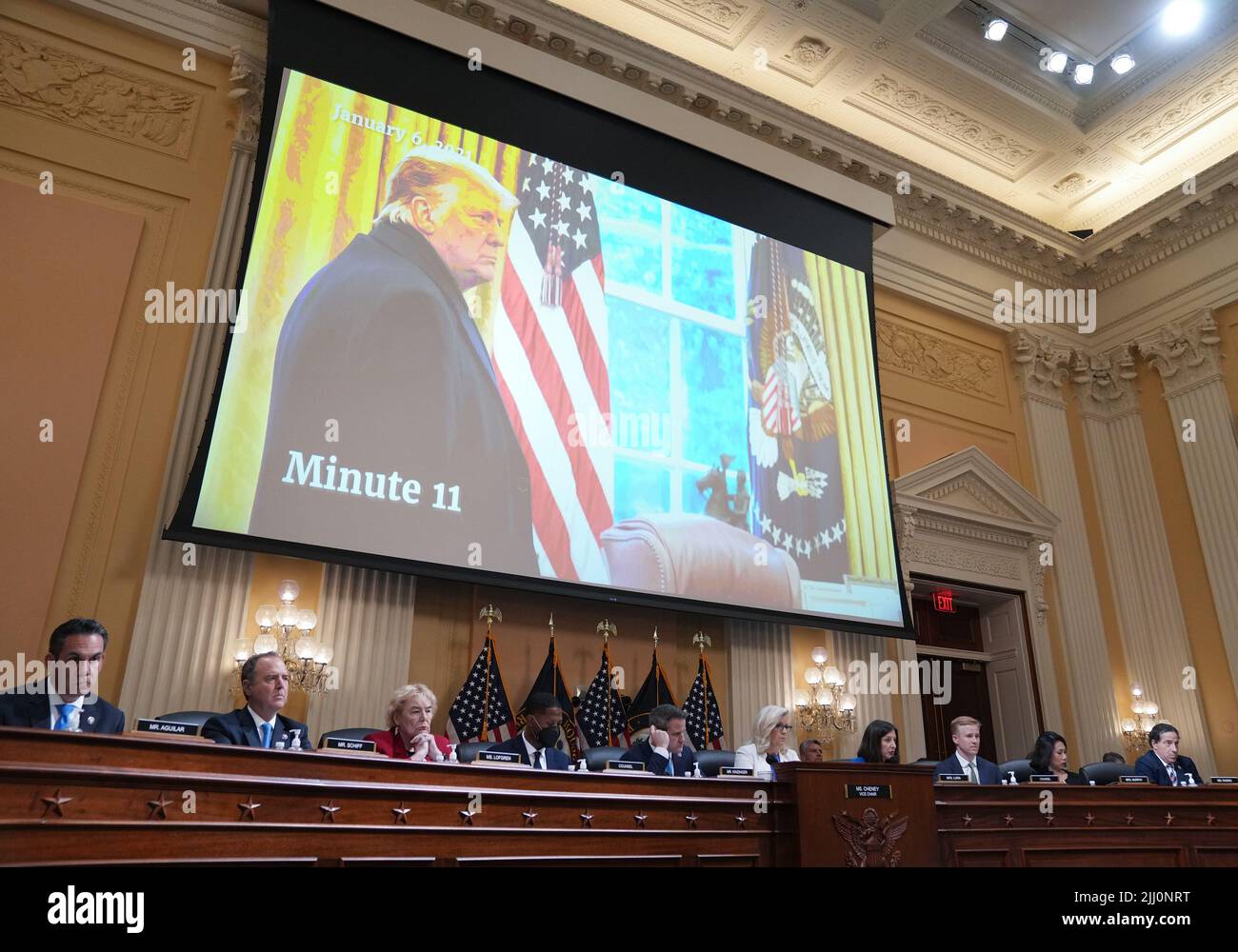 Washington, United States. 21st July, 2022. A video clip of President Trump's actions on January 6th is broadcast on a screen as former White House deputy press secretary Sarah Matthews waits to testify before the House select committee investigating the Jan. 6 attack on the U.S. Capitol's public hearing at the U.S. Capitol in Washington, DC on Thursday, July 21, 2022. Photo by Pat Benic/UPI Credit: UPI/Alamy Live News Stock Photo