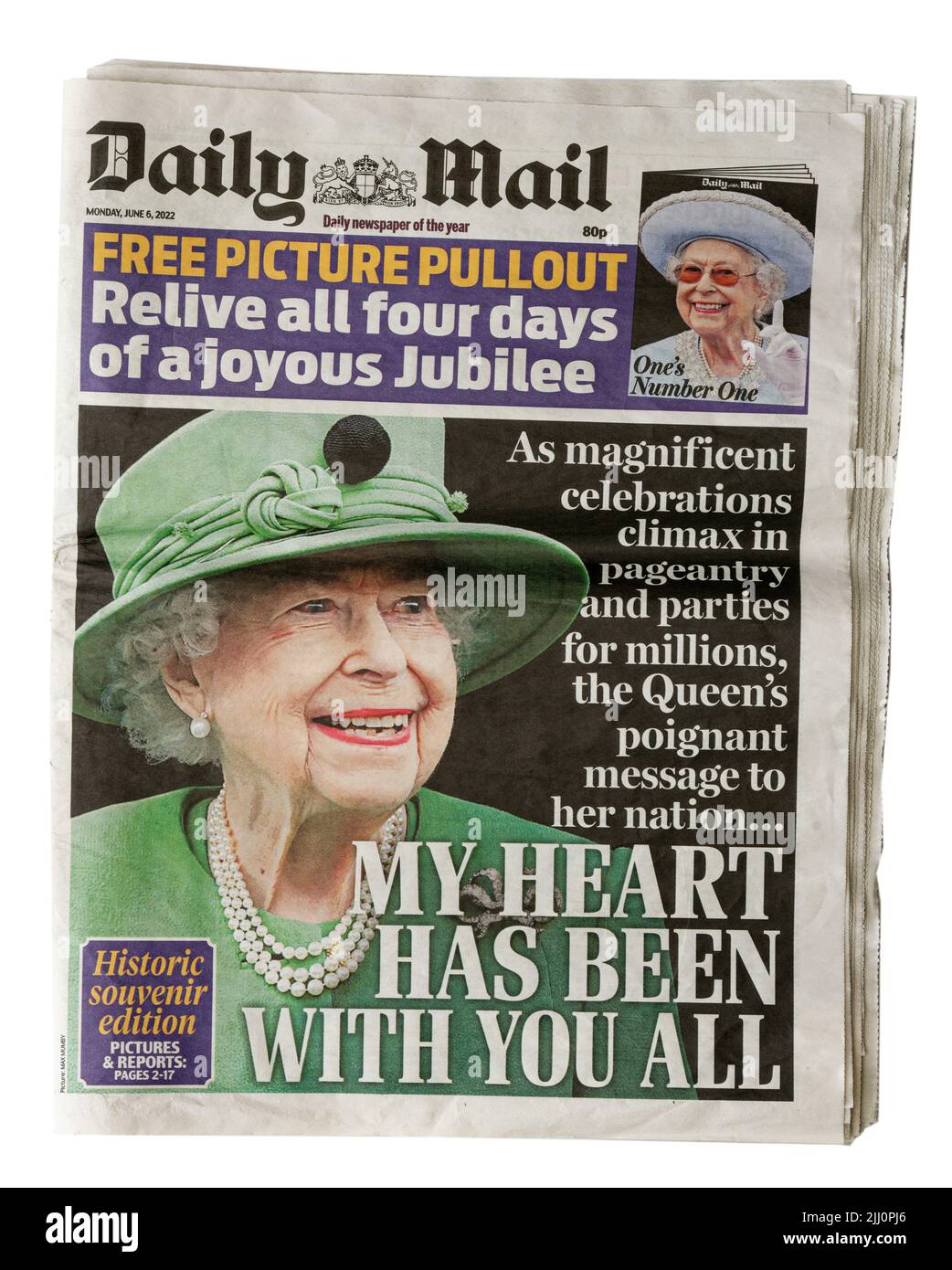 A Daily Mail headline from the 6th June 2022 about the Queen's Platinum Jubilee Stock Photo
