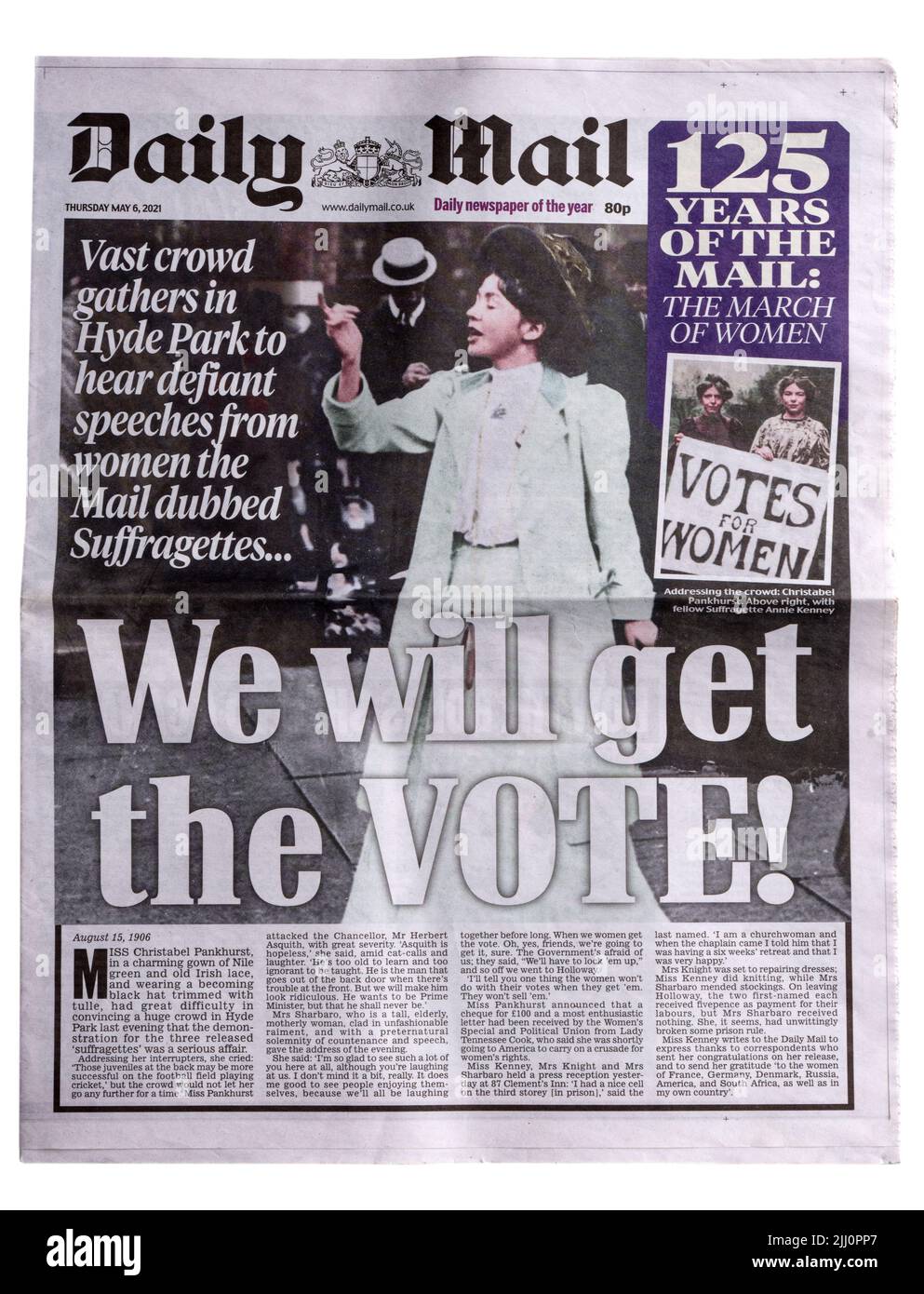 A reproduction Daily Mail front page from May 6th 1921 about the Suffragette movement Stock Photo
