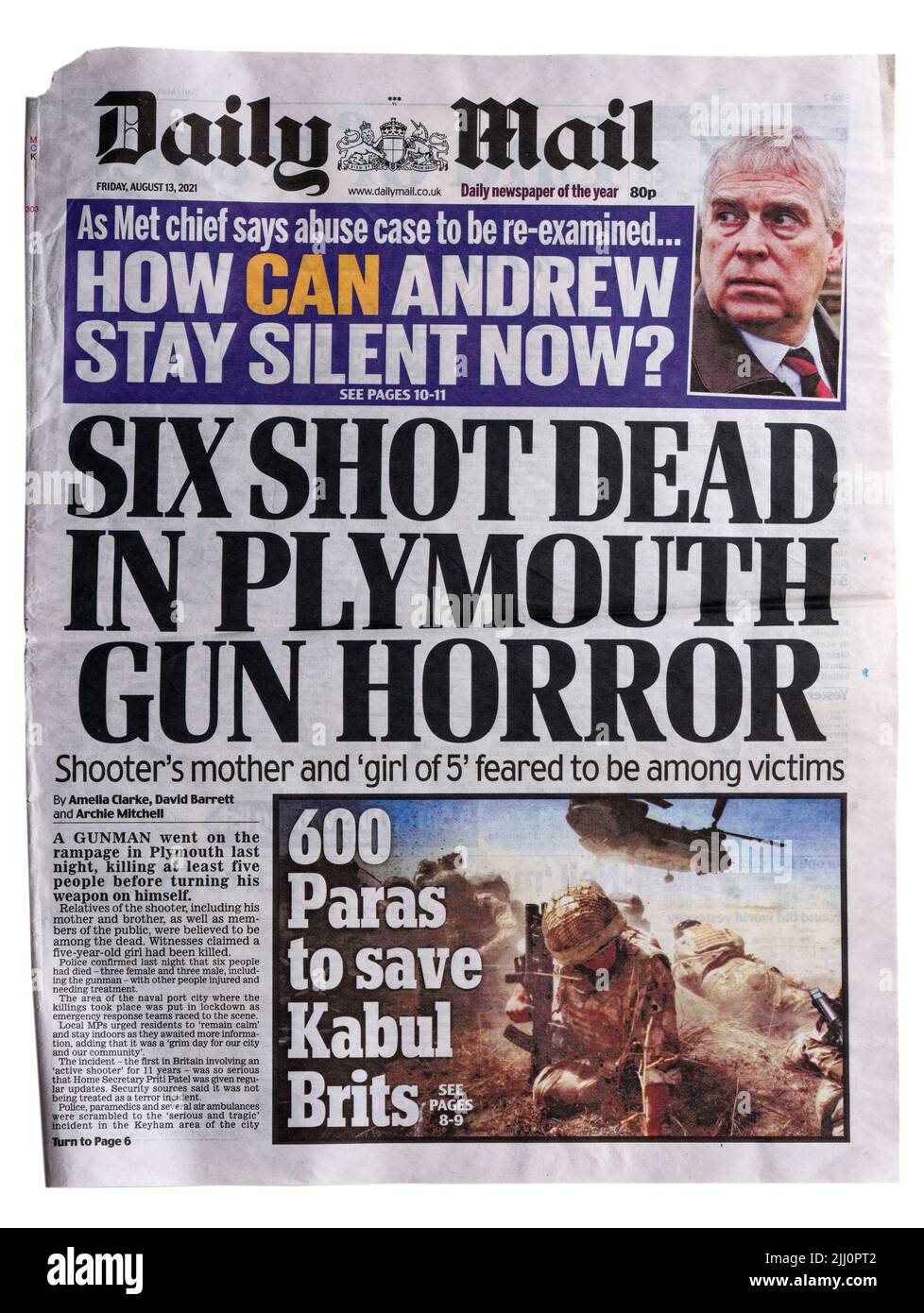 A Daily Mail headline from August 13th 2021 about the killing of six people in Plymouth , UK Stock Photo