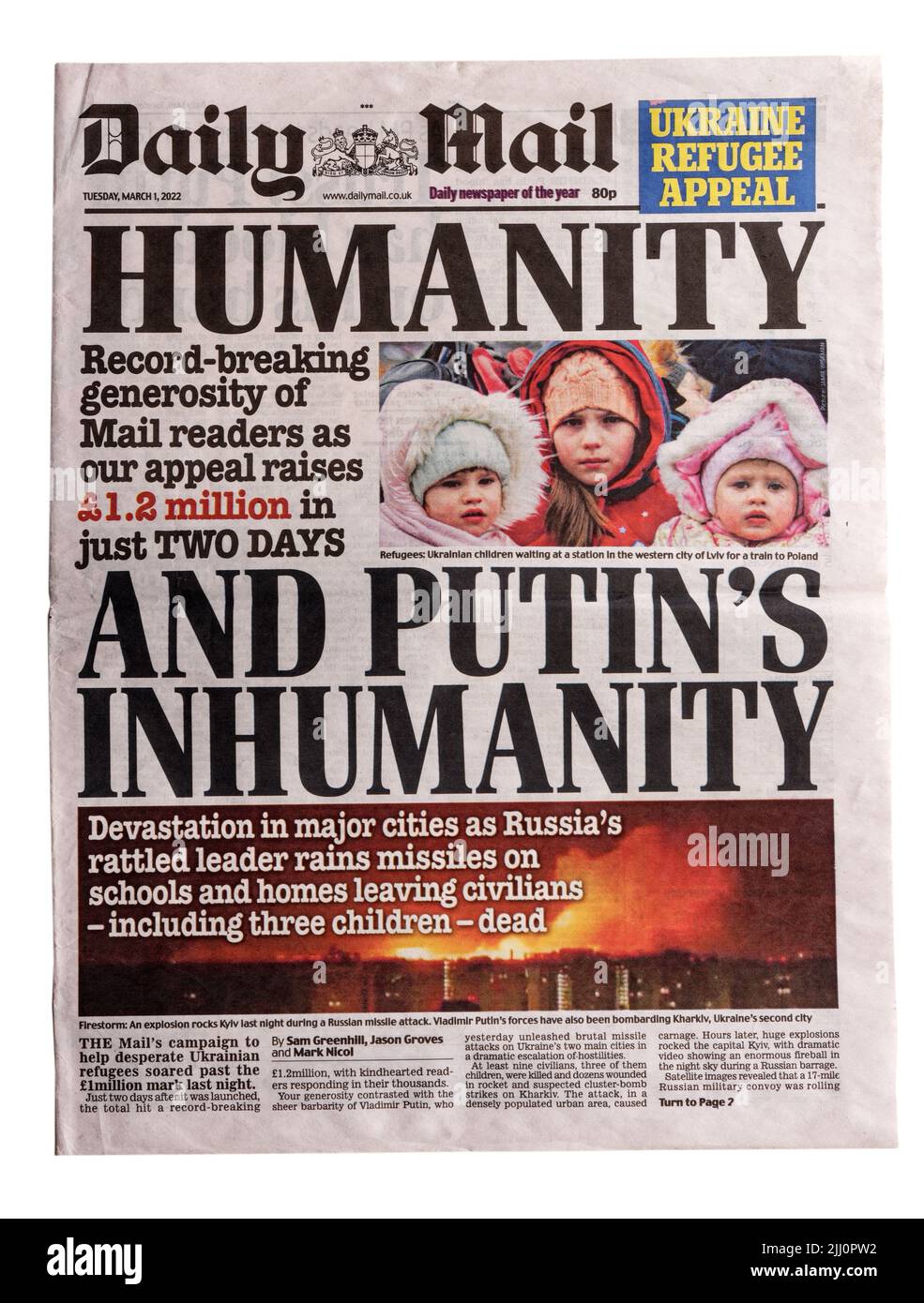 A Daily Mail headline from March 1st 2022 about the Russian invasion of the Ukraine with the headline Putin's Inhumanity Stock Photo