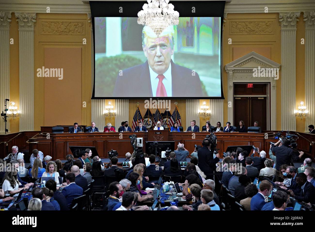Former US President Donald Trump displayed on a screen during a hearing of the Select Committee to Investigate the January 6th Attack on the US Capitol in Washington, D.C., US, on Thursday, July 21, 2022.  Al Drago/Pool via REUTERS Stock Photo