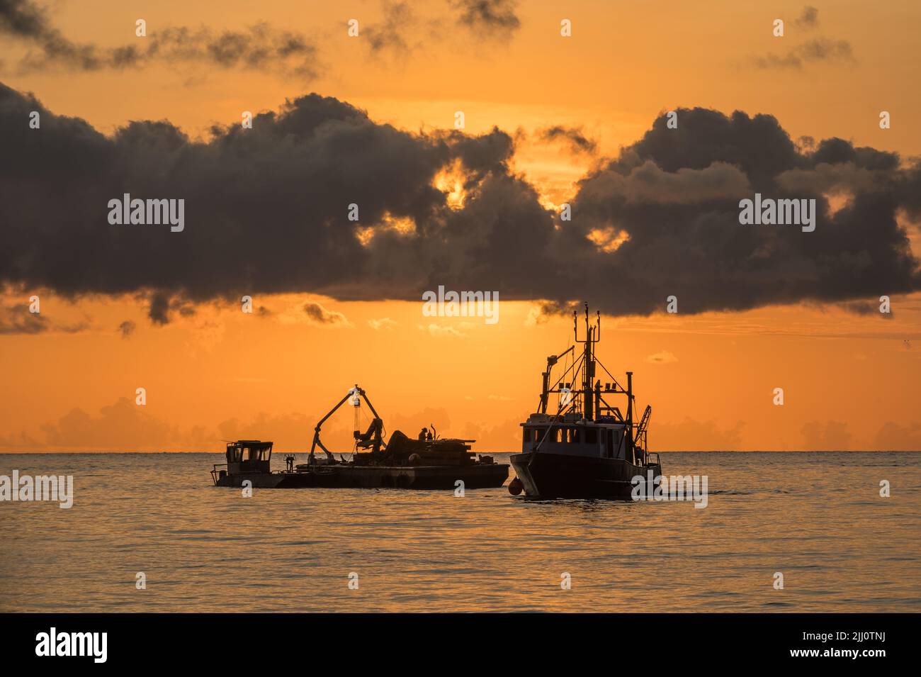 Gorgeous, golden sunrise over Palm Cove with the silhouette of a fishing trawler anchored off shore in Far North Queensland in Australia. Stock Photo