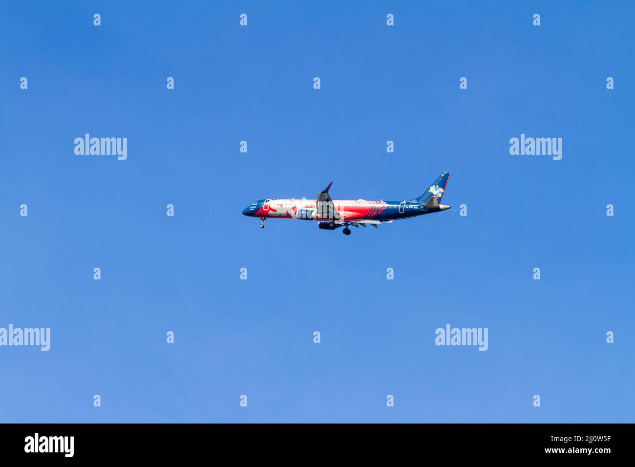 Blue Airlines plane in the sky of Rio de Janeiro, Brazil - June 05, 2022 : Blue Airlines plane flying at Santos Dumont airport in Rio de Janeiro. Stock Photo