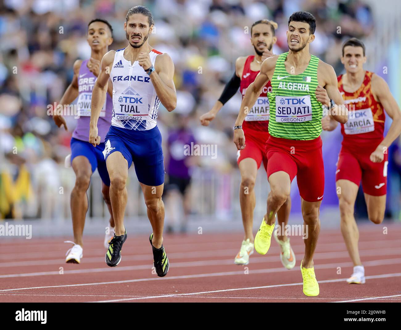 2022-07-22 04:10:44 EUGENE - Gabriel Tual (FRA) in action during the 800 meters semifinal on the seventh day of the World Athletics Championships at Hayward Field stadium. ANP ROBIN VAN LONKHUIJSEN netherlands out - belgium out Stock Photo