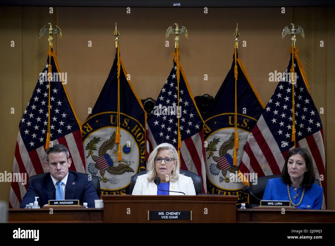 Washington, United States. 21st July, 2022. Representative Liz Cheney, a Republican from Wyoming, bottom center, speaks during a hearing of the Select Committee to Investigate the January 6th Attack on the US Capitol in Washington, DC on Thursday, July 21, 2022. Pool Photo by Al Drago/UPI Credit: UPI/Alamy Live News Stock Photo