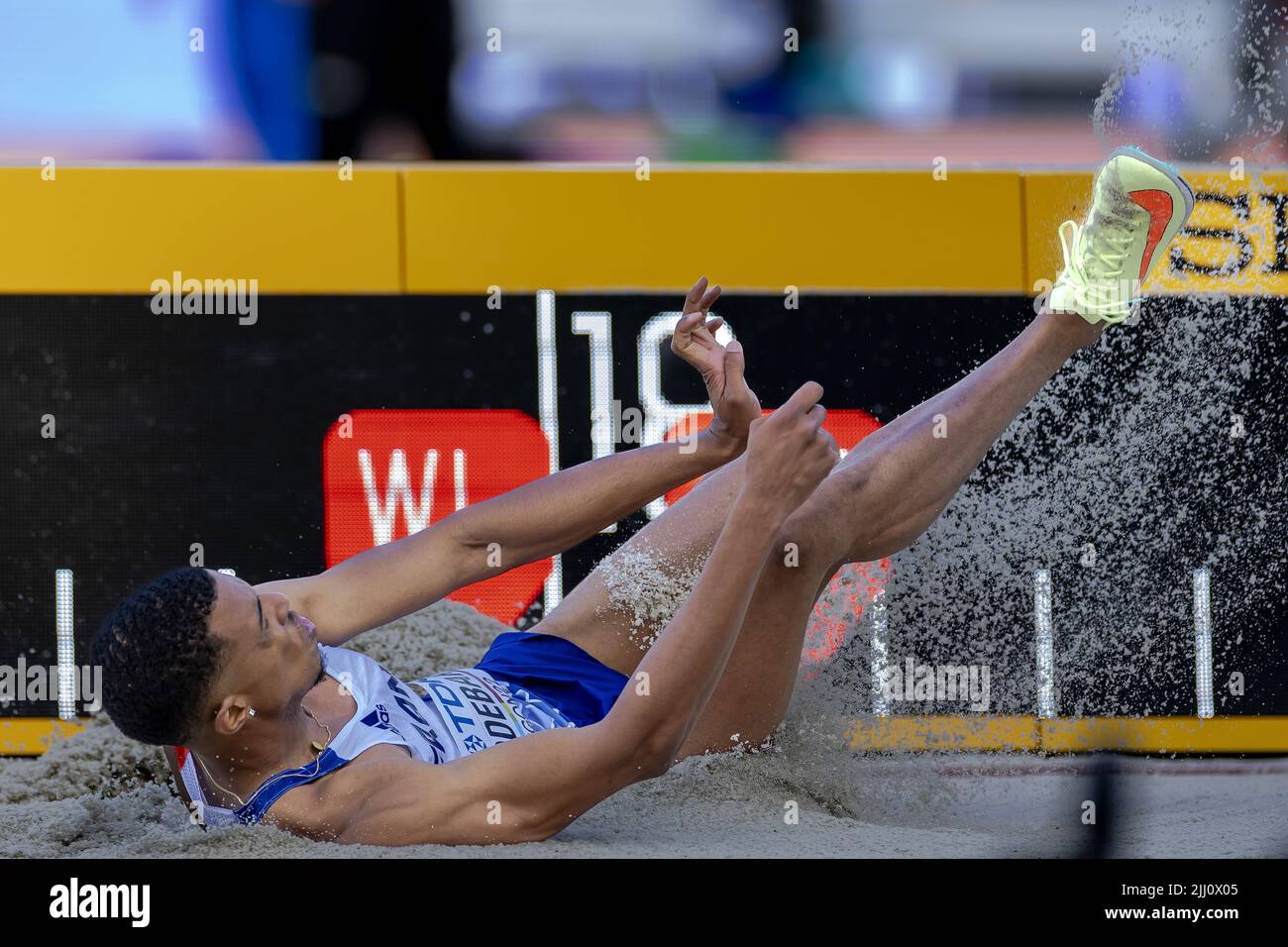 2022-07-22 03:36:32 EUGENE - Enzo Hodebar (FRA) in action during the triple jump qualifying session on the seventh day of the World Athletics Championships at Hayward Field stadium. ANP ROBIN VAN LONKHUIJSEN netherlands out - belgium out Stock Photo