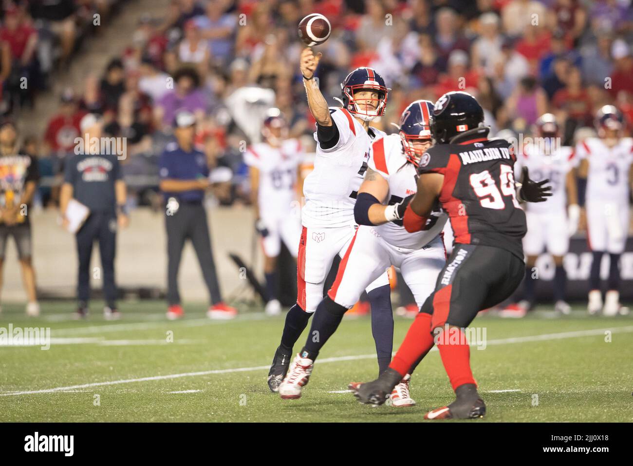 Ottawa, Canada. 21st July, 2022. Montreal Alouettes quarterback Trevor Harris (7) throws a pass