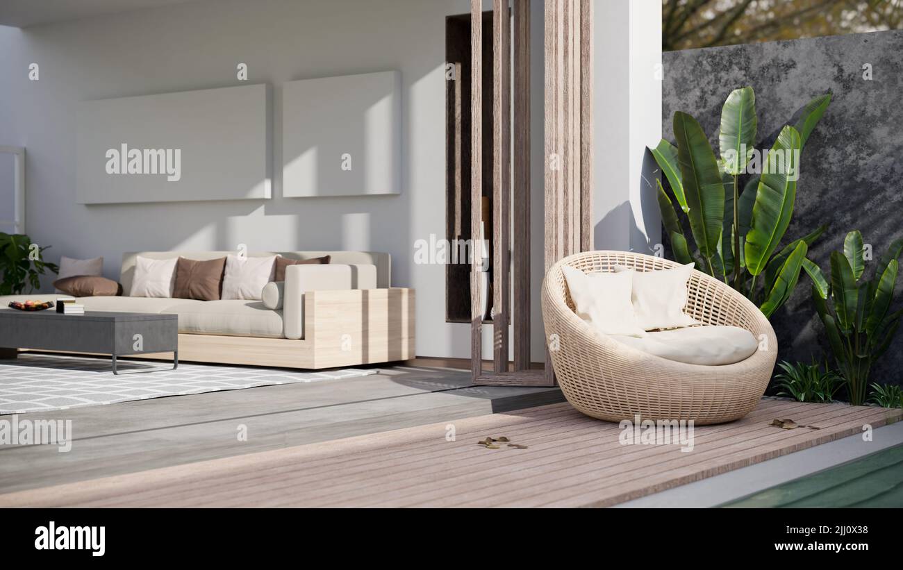 Modern luxury home living room or pool villa resort by the swimming ...