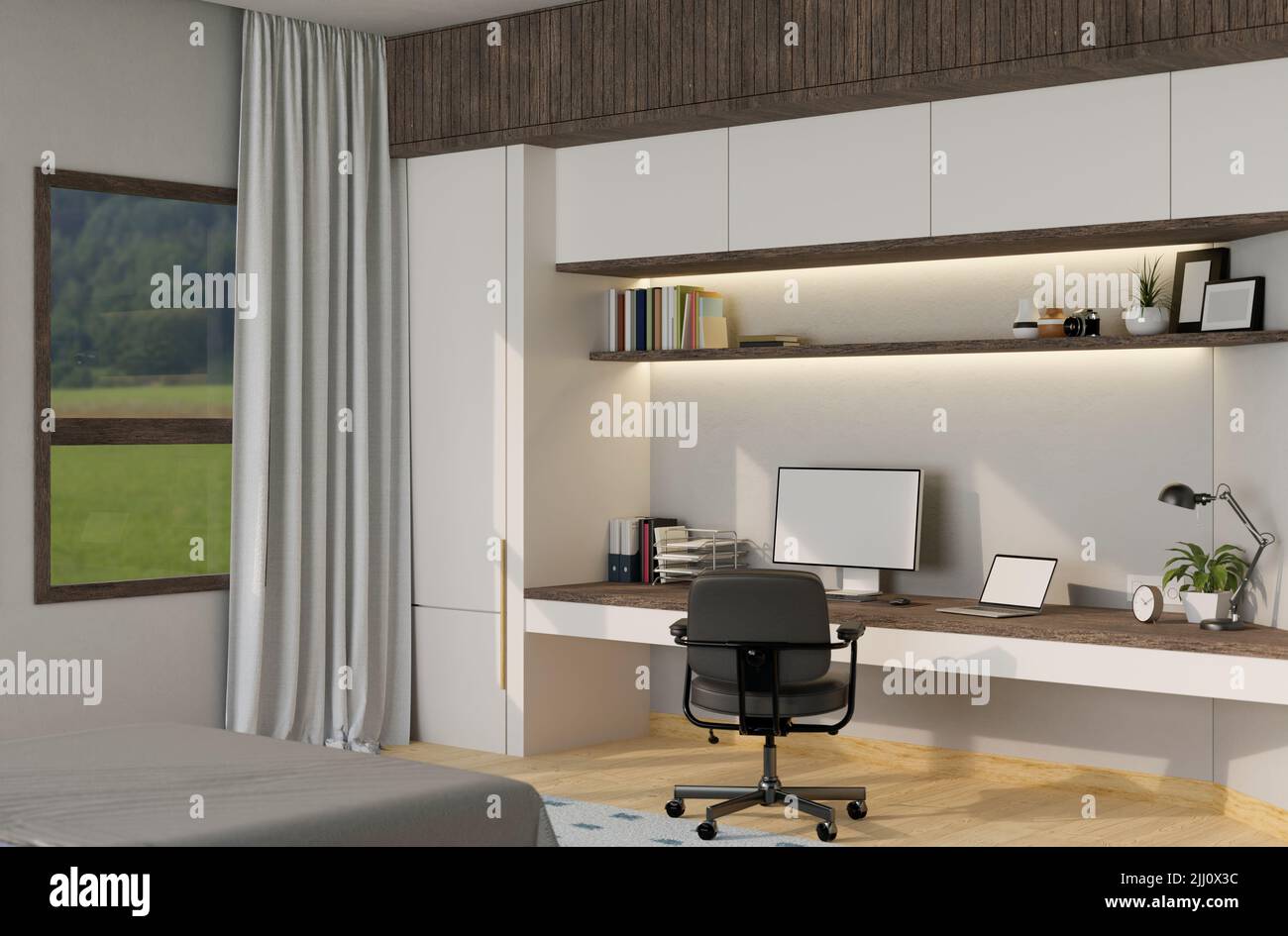 Modern luxury spacious bedroom with working space interior design