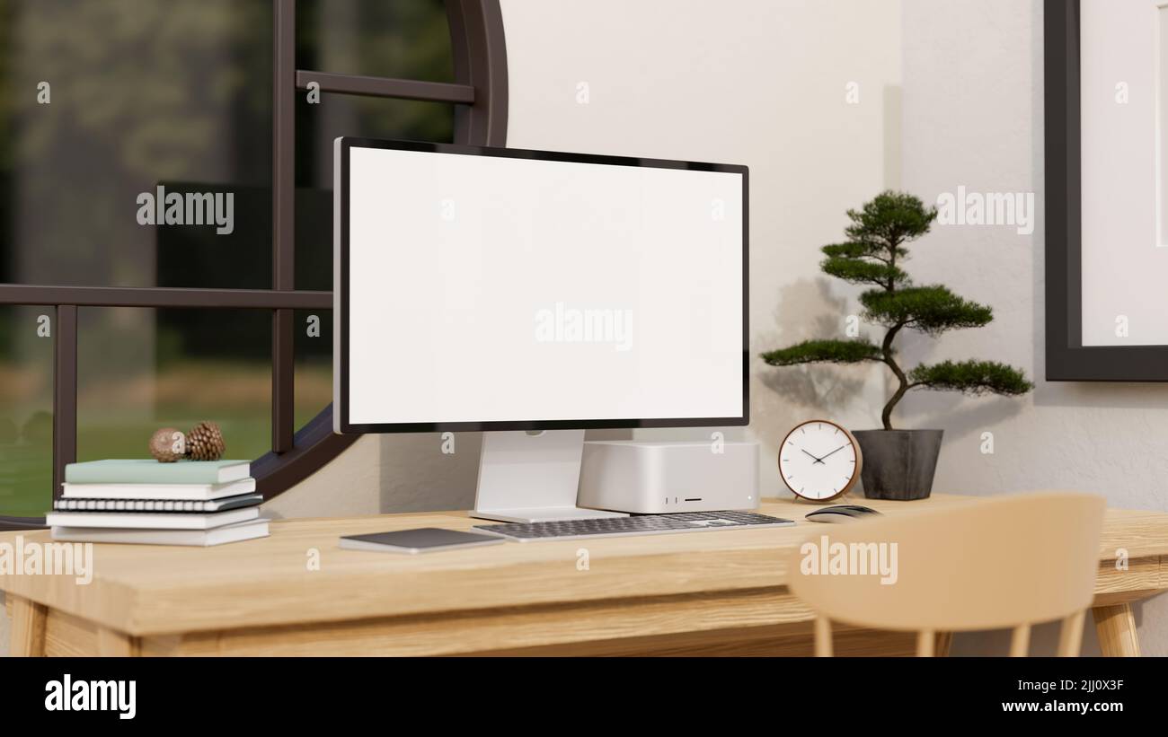 Home workplace in minimal Japanese interior style with PC computer ...