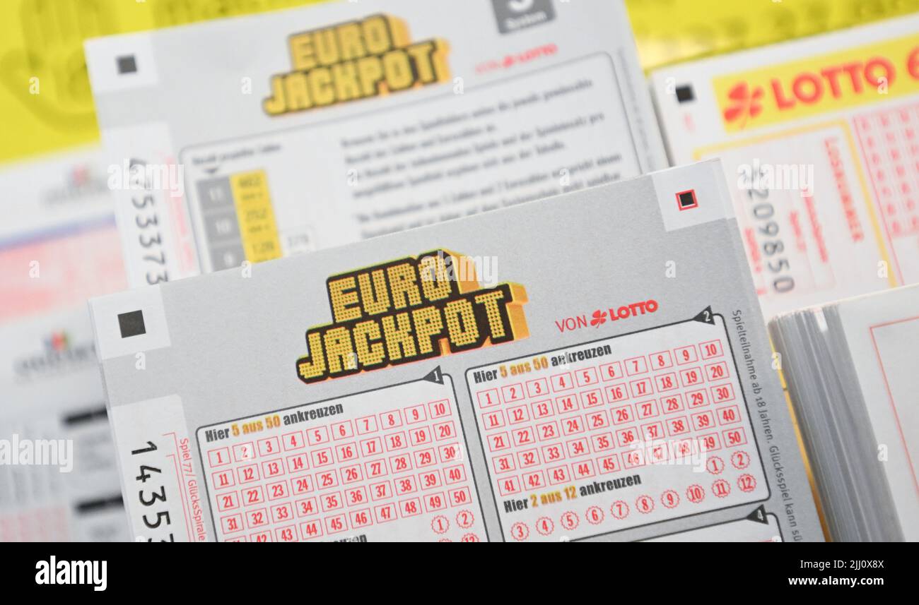 Stuttgart, Germany. 21st July, 2022. Tickets for the Euro Jackpot game of  chance are lying at a collection point. For the first time, the Eurojackpot  is worth 120 million euros. Credit: Bernd