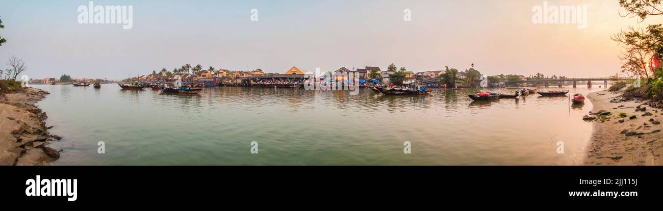 Hoi An market panorama, from the bank of the Thu Bon river, Hoi An, Vietnam, at dawn Stock Photo
