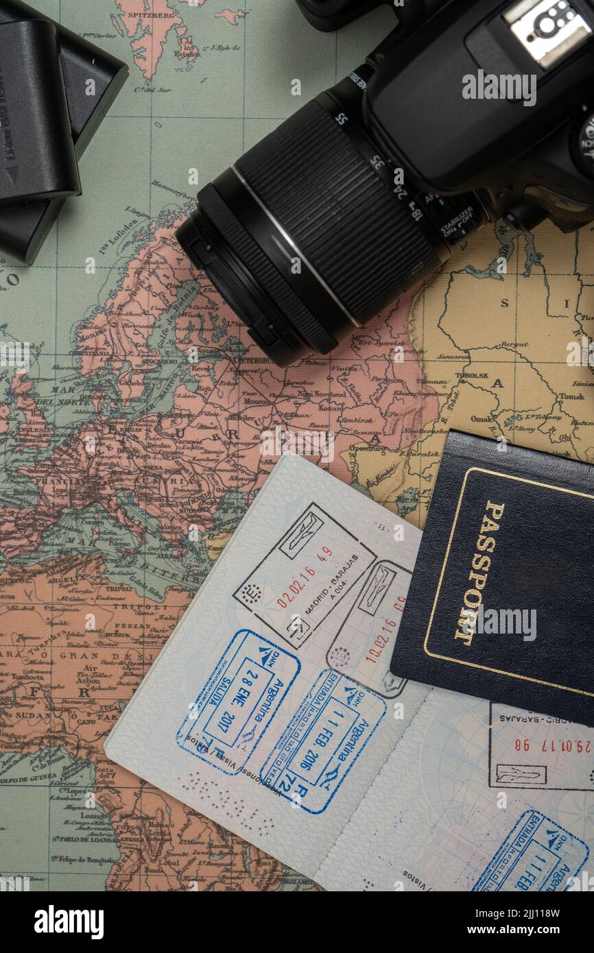 A Map of Europe together with a camera and passport with visa stamps. Concept of vacation, travel, travelers. Copy space. Stock Photo