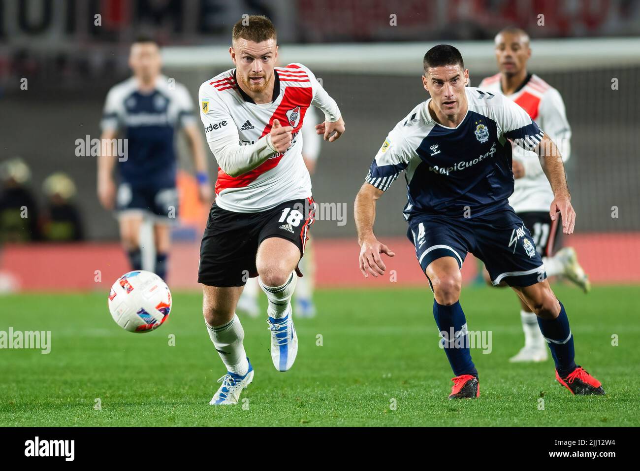 Buenos Aires, Argentina. 21st July, 2022. German Guiffrey (R) of Gimnasia y  Esgrima La Plata and Lucas Beltran (L) of River Plate seen in action during  a match between River Plate and