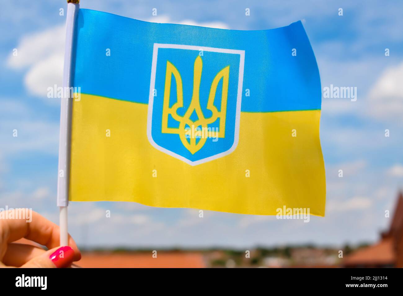 the national yellow and blue flag of Ukraine with trident on blue sky background. Stock Photo