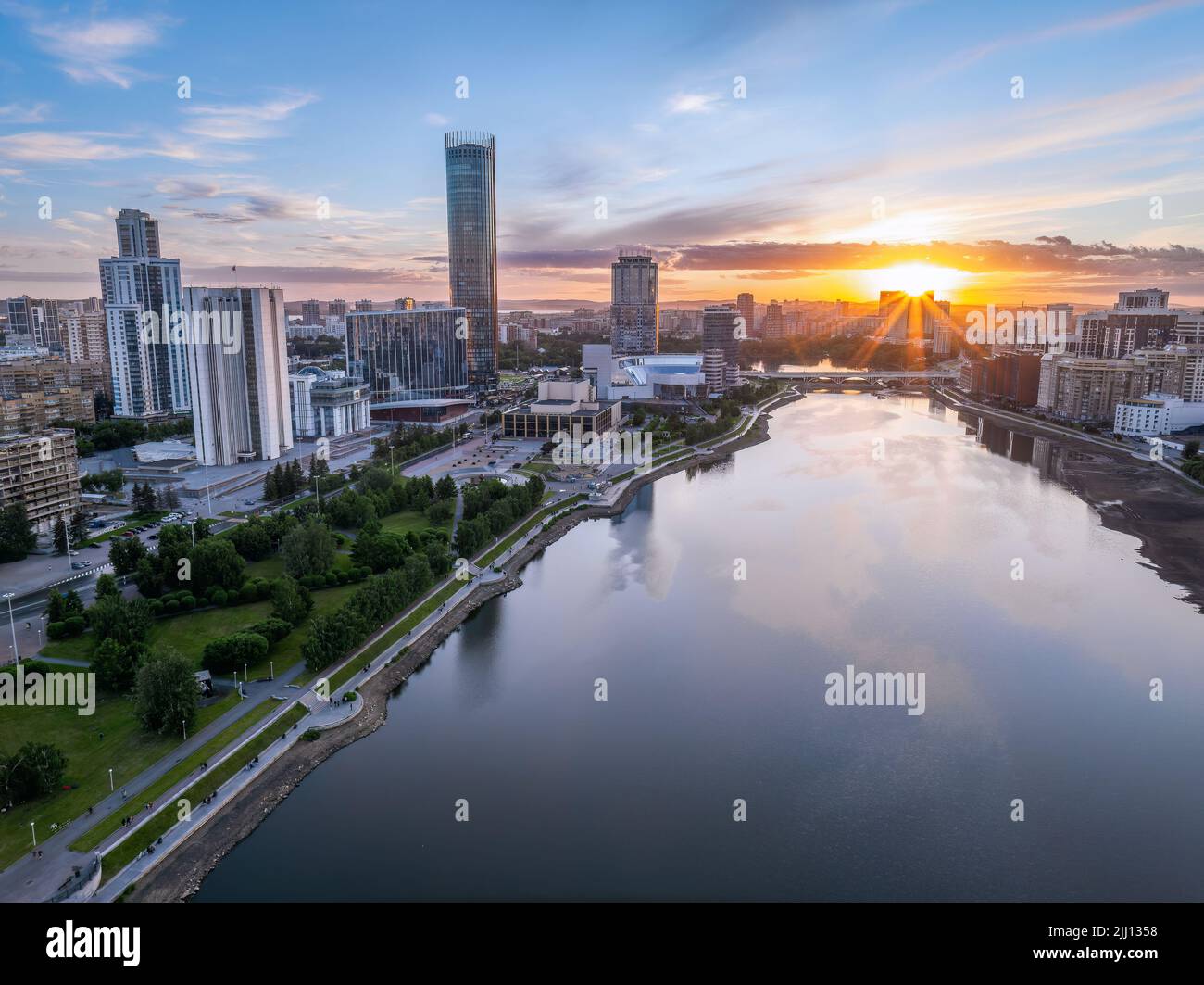 Yekaterinburg city and pond aerial panoramic view at summer sunset ...