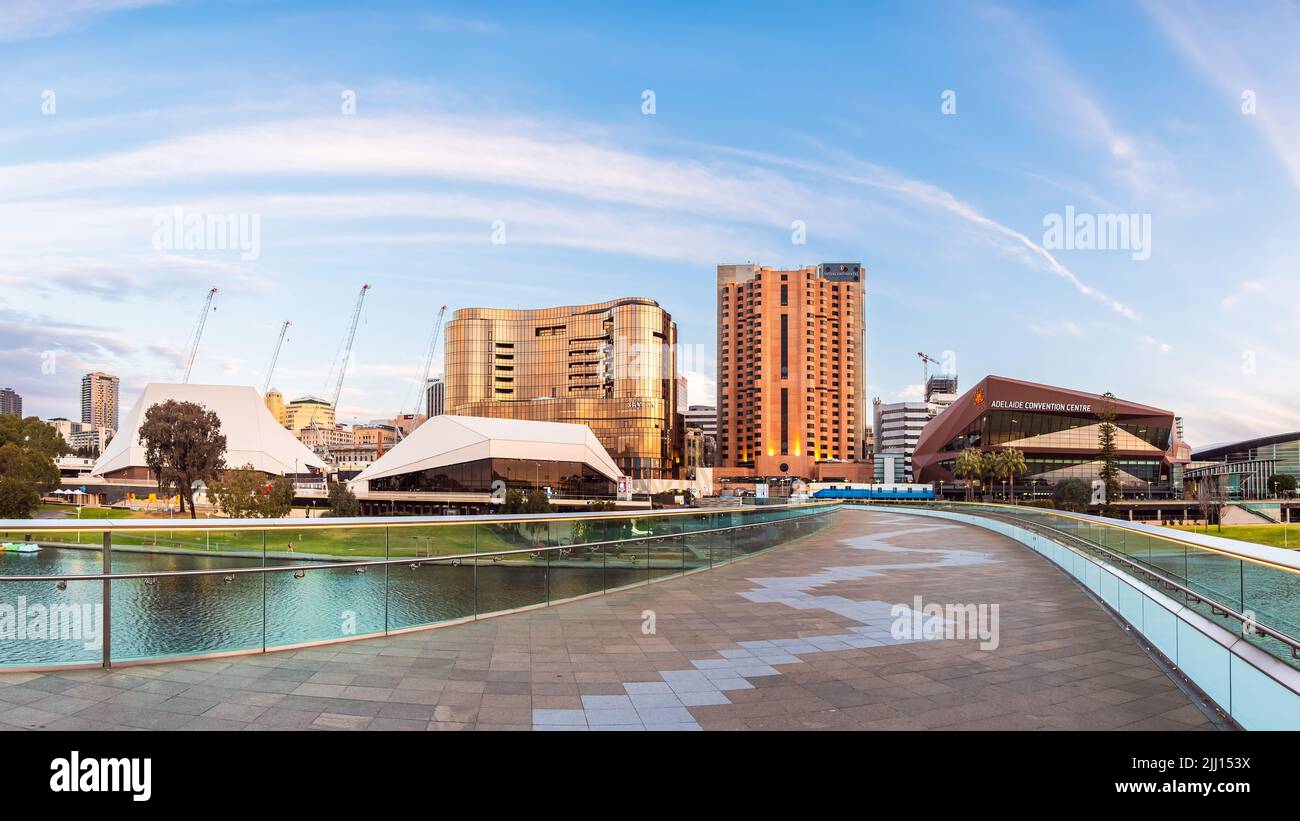 Adelaide, South Australia - September 7, 2020: Adelaide CBD skyline with the new Skycity casino building viewed across Torrens river at sunset time Stock Photo