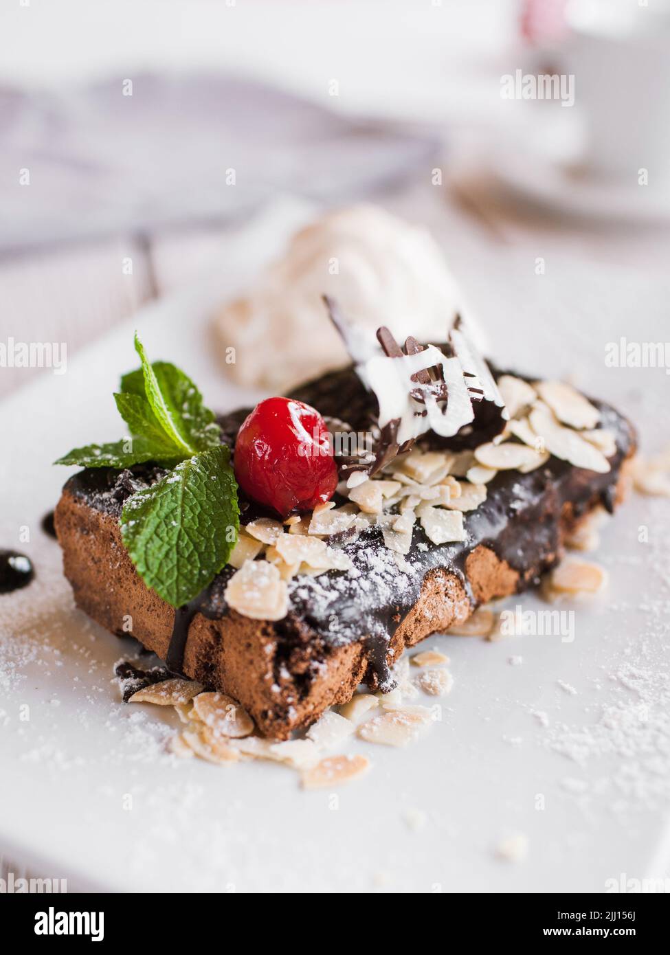 Chocolate pie serving in restaurant Stock Photo