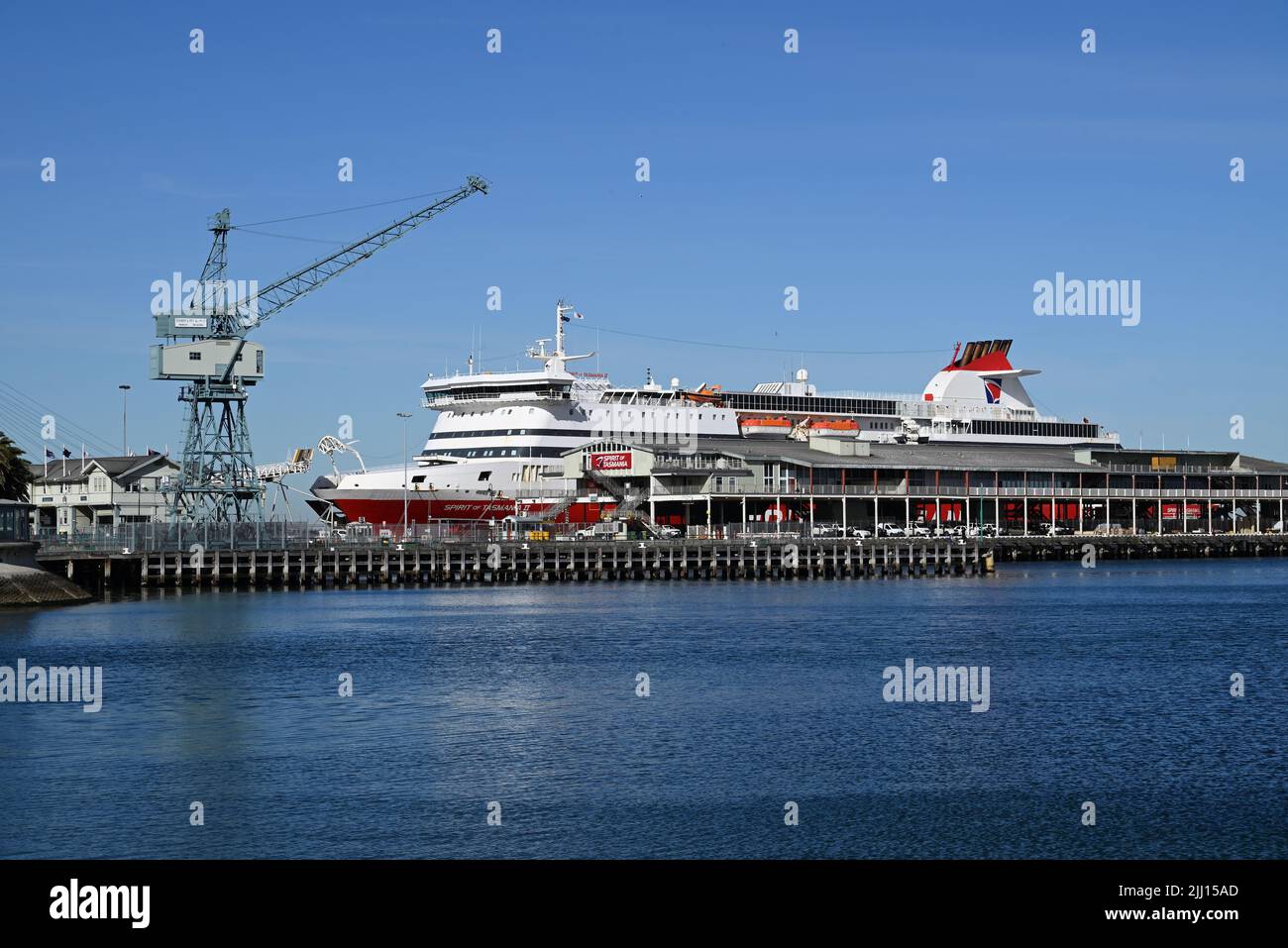Station Pier, seen from the west, with the Spirit of Tasmania II docked at one of its berths, during a clear day Stock Photo