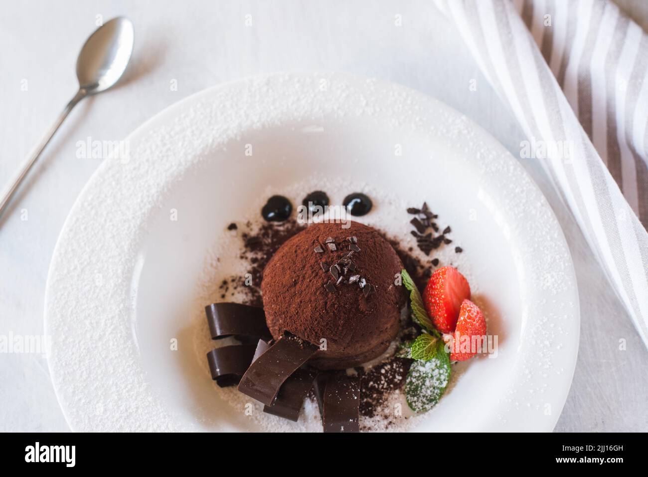 Delicious chocolate dessert on white plate Stock Photo