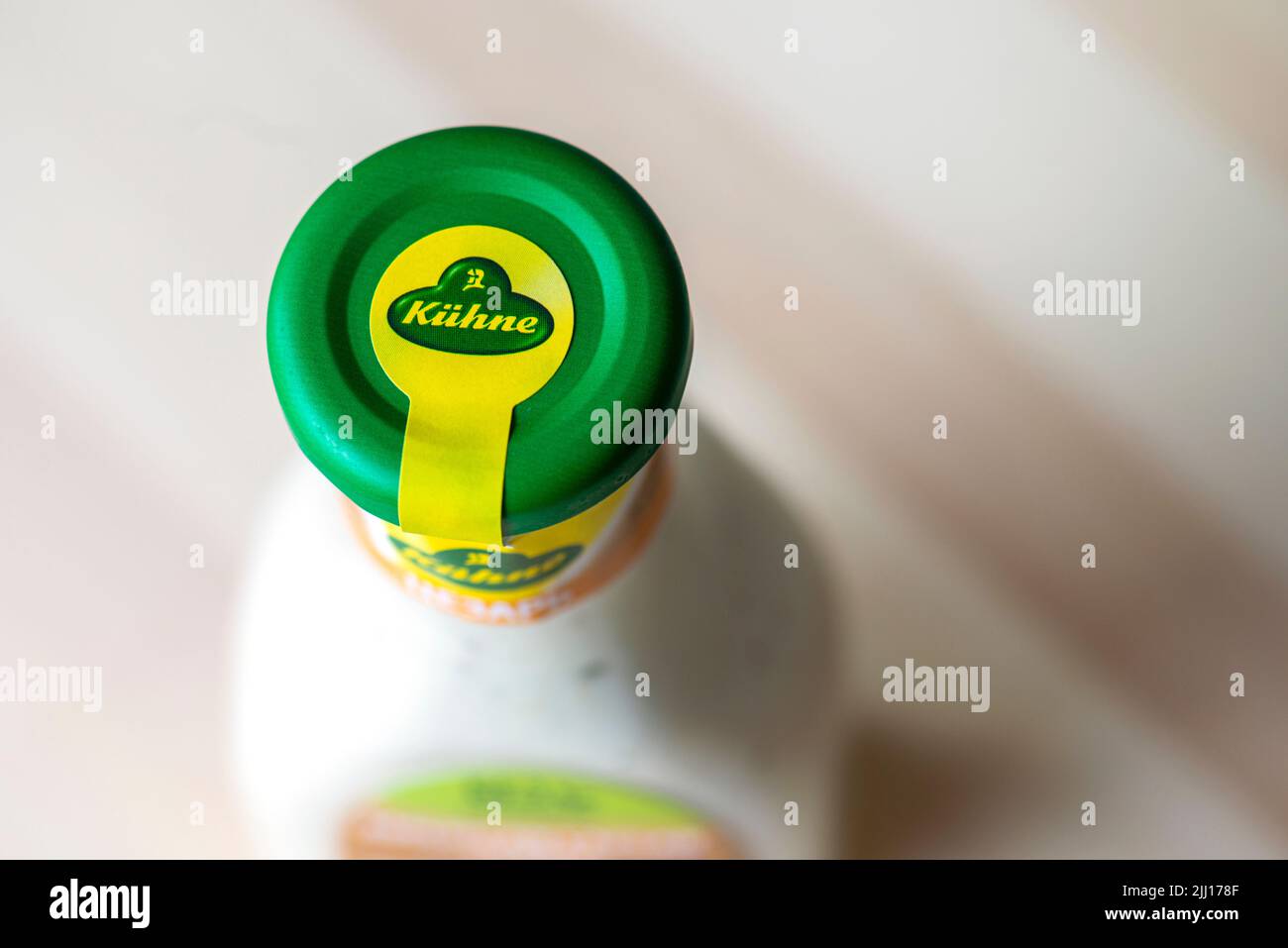 MOSCOW - JUL 21: Top view of a bottle with KUHNE logotype in Moscow, 21.07.2022 in Russia. Stock Photo