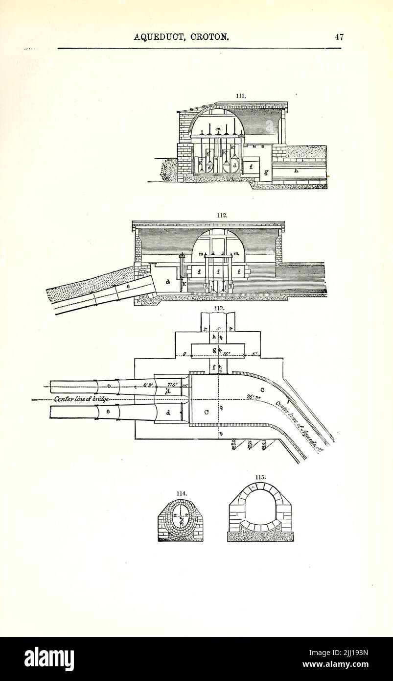 Aqueduct, Croton a conduit for water : as an illustration of an Aqueduct for the conveyance of a canal across a river we instance the Aqueduct Wire Suspension, over the Alleghany River at Pittsburg, constructed under the superintendence of John A. Roebling, at the western termination of the Pennsylvania Canal. from ' Appleton's dictionary of machines, mechanics, engine-work, and engineering ' by D. Appleton and Company Publication date 1874 Publisher New York,  D. Appleton, Stock Photo