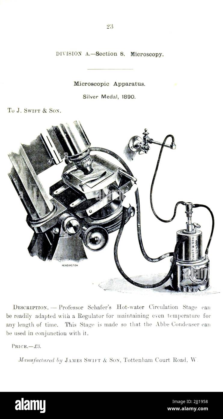 Microscopic Apparatus. from the book ' Illustrated list of exhibits to which medals have been awarded at their exhibitions, held in connection with the congresses at Worcester, 1889 ; Brighton, 1890 ; Portsmouth, 1892 ; Liverpool, 1894 ; Newcastle, 1896 ; Leeds, 1897 ; Birmingham, 1898 ; Southampton, 1899 by Sanitary Institute (Great Britain) Publication date 1906 Publisher London : Offices of the Sanitary Institute Stock Photo