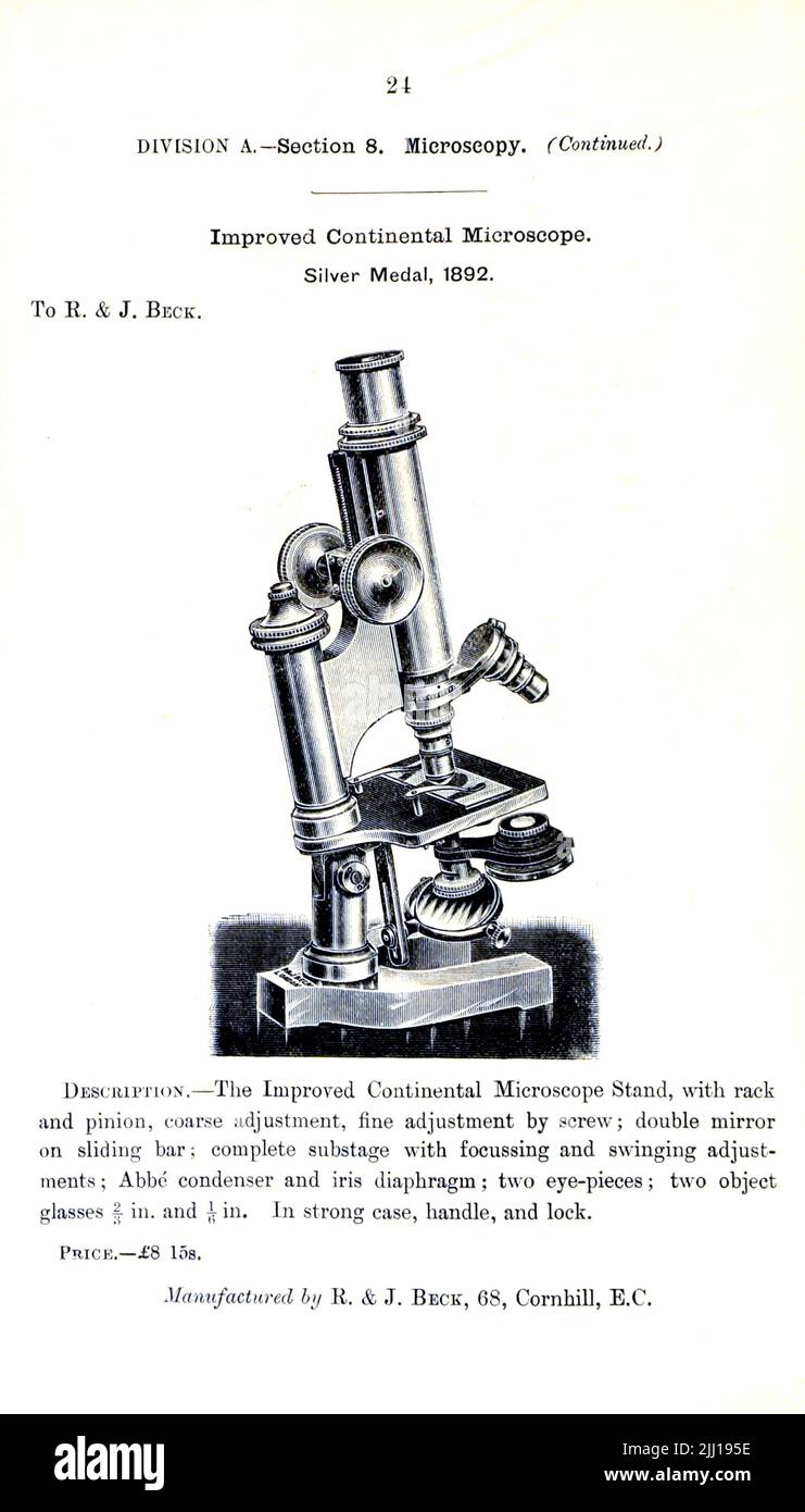 Improved Continental Microscope from the book ' Illustrated list of exhibits to which medals have been awarded at their exhibitions, held in connection with the congresses at Worcester, 1889 ; Brighton, 1890 ; Portsmouth, 1892 ; Liverpool, 1894 ; Newcastle, 1896 ; Leeds, 1897 ; Birmingham, 1898 ; Southampton, 1899 by Sanitary Institute (Great Britain) Publication date 1906 Publisher London : Offices of the Sanitary Institute Stock Photo